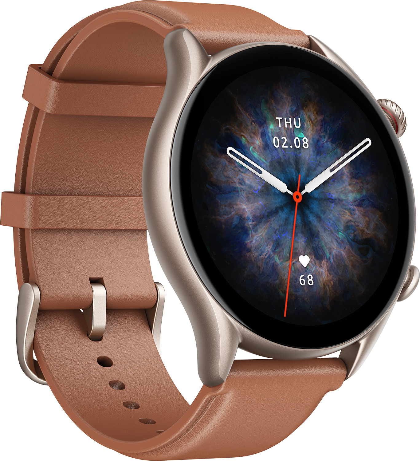 Un reloj inteligente con correa de cuero marrón, que muestra una esfera con datos como la hora y la frecuencia cardíaca.