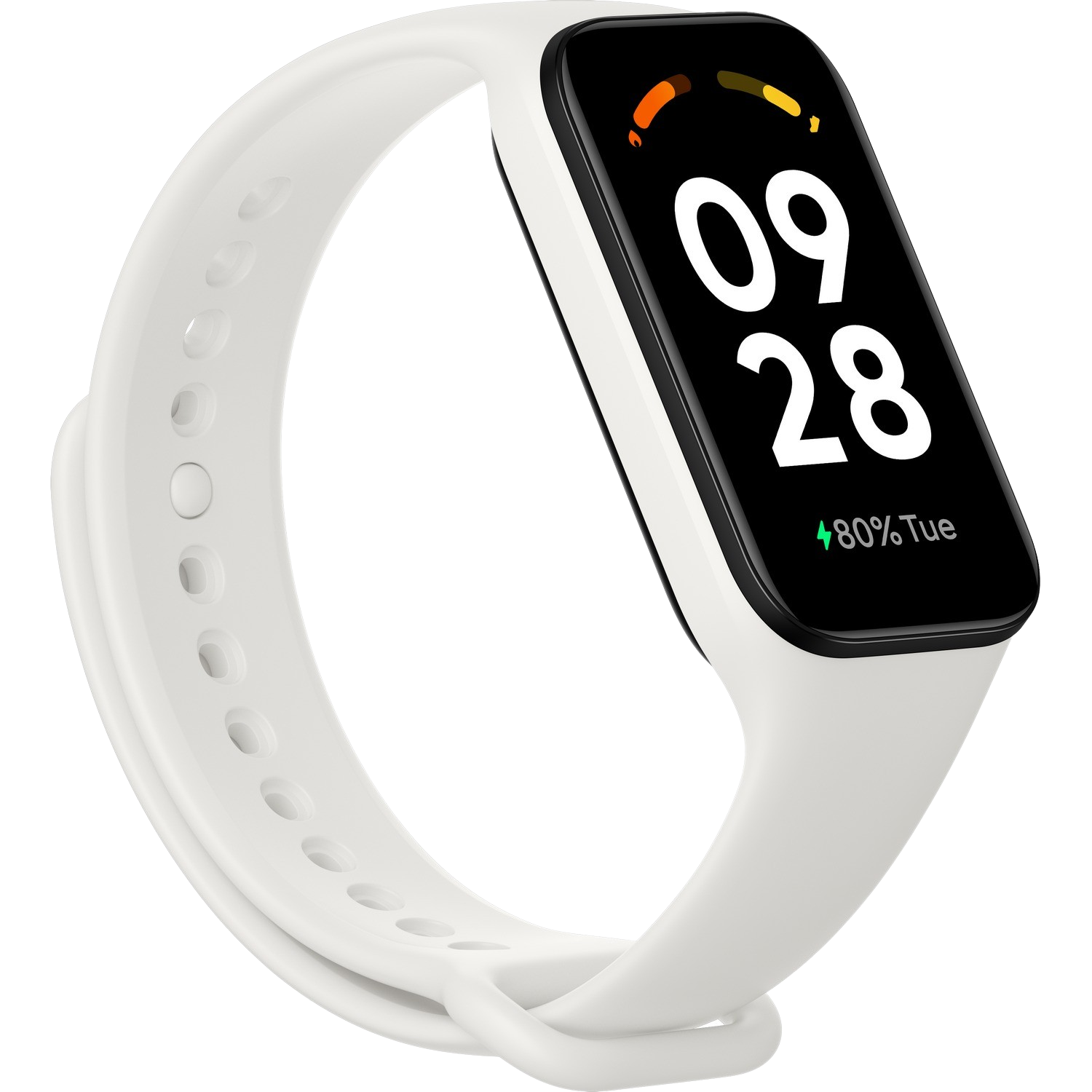 Biały smartwatch z czarnym ekranem wyświetlającym godzinę i baterię. Biały pasek.