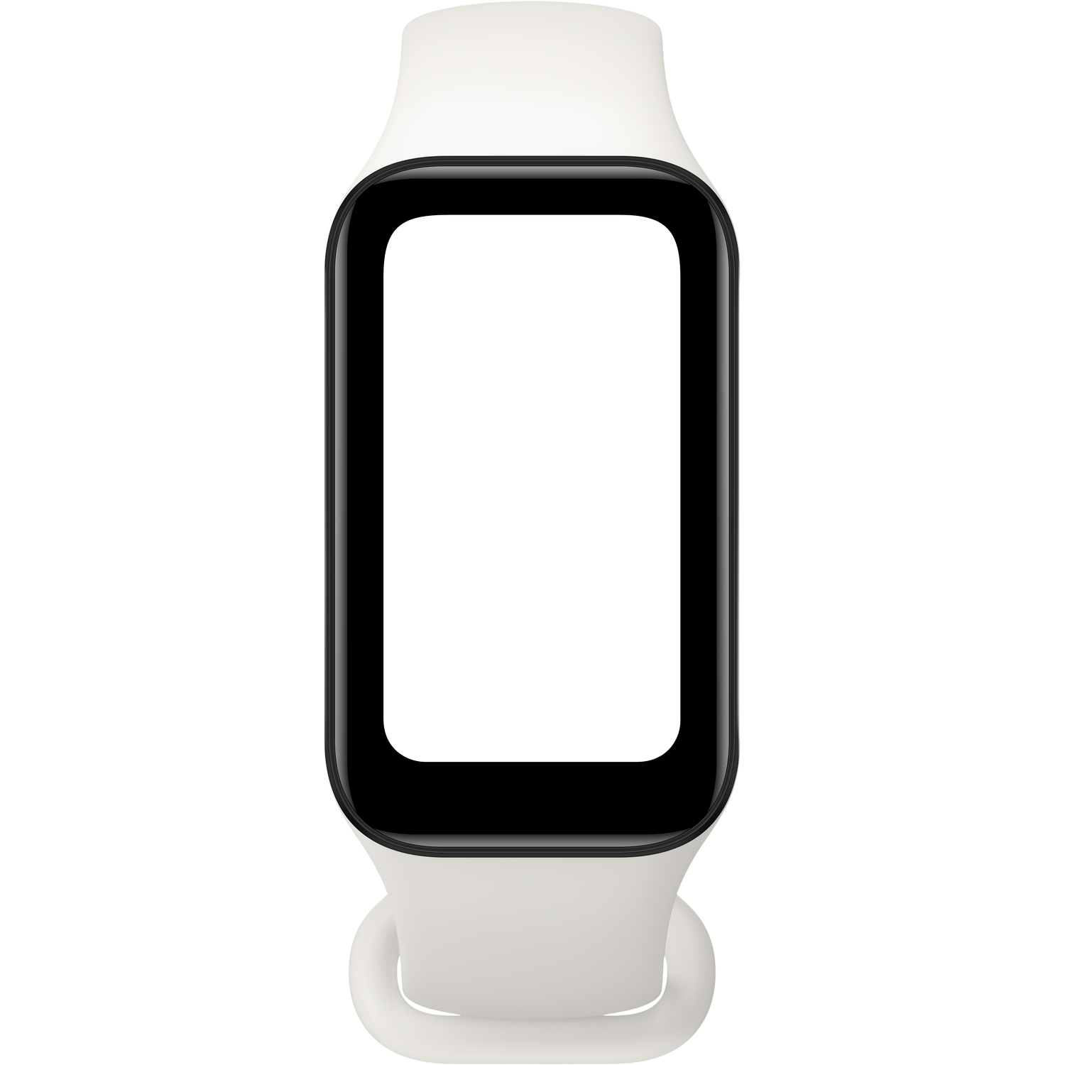 Biały smartwatch. Ma czarny ekran i biały pasek. Zegarek jest na czarnym tle.