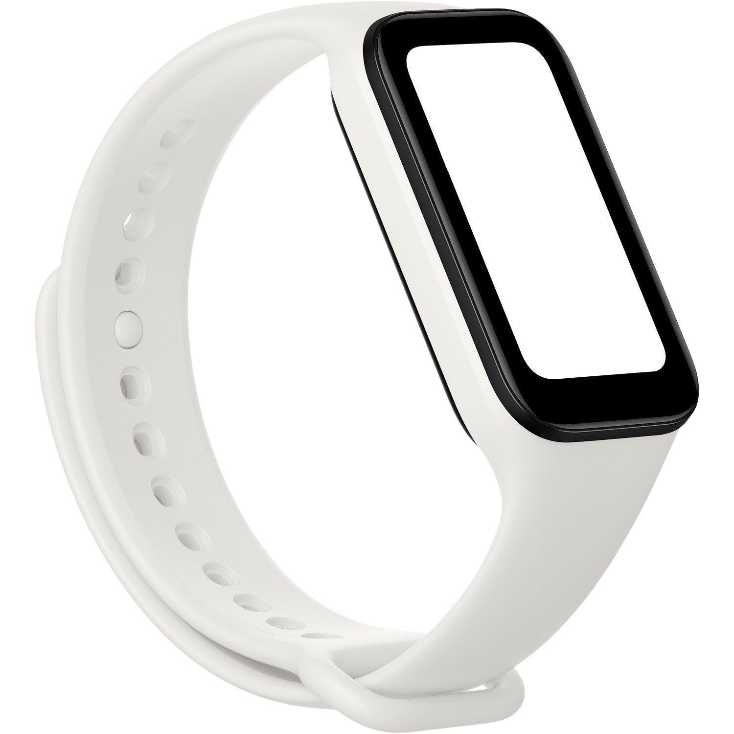 Biały smartwatch z czarnym ekranem i białym paskiem.