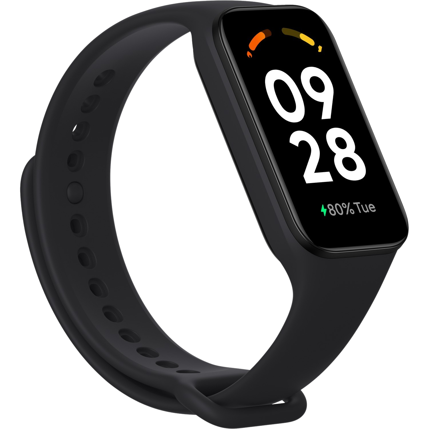 Czarny monitor aktywności fizycznej pokazujący datę 28/09 i 80% baterii. Opaska jest czarna.