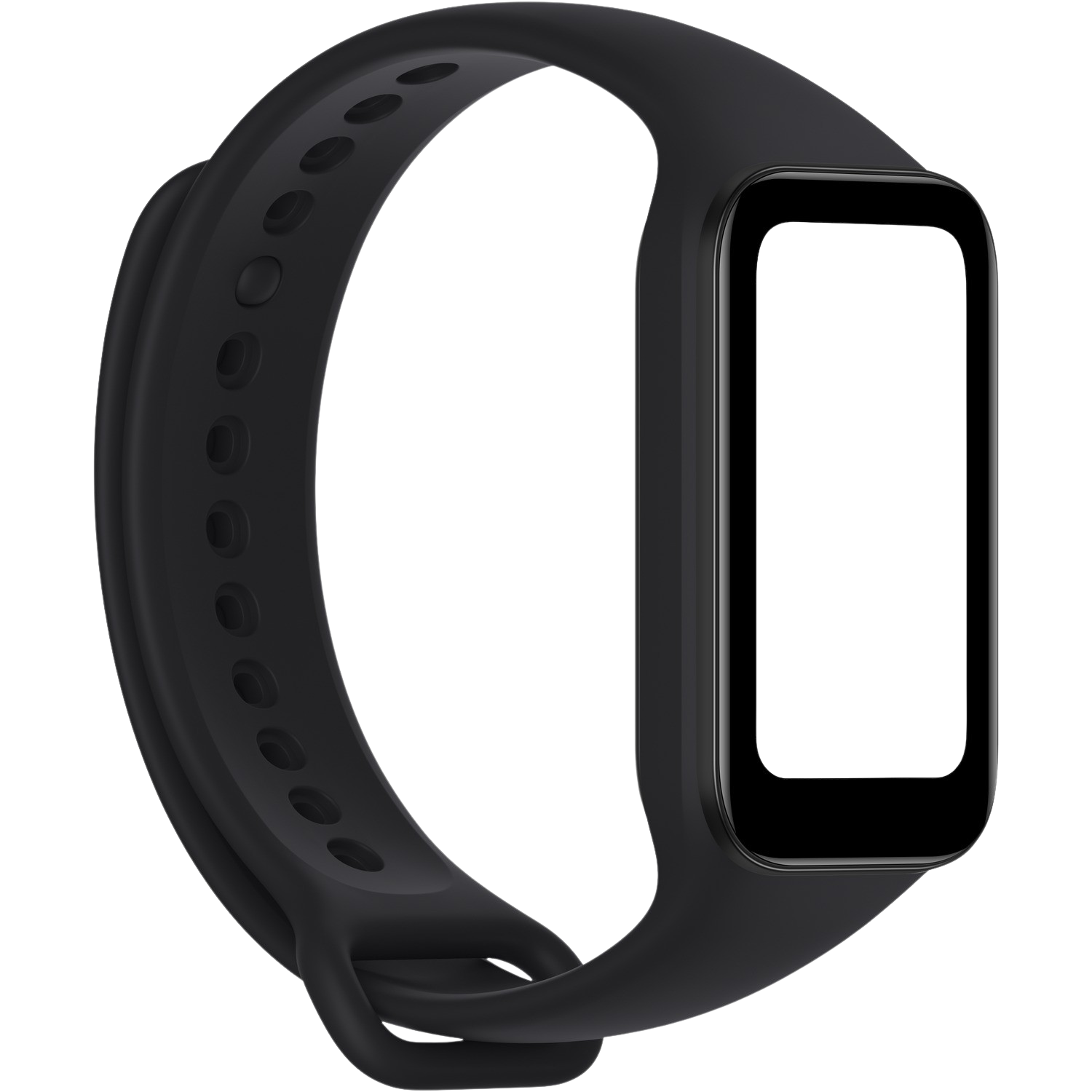 Czarny tracker fitness z czarnym ekranem i czarnym paskiem.