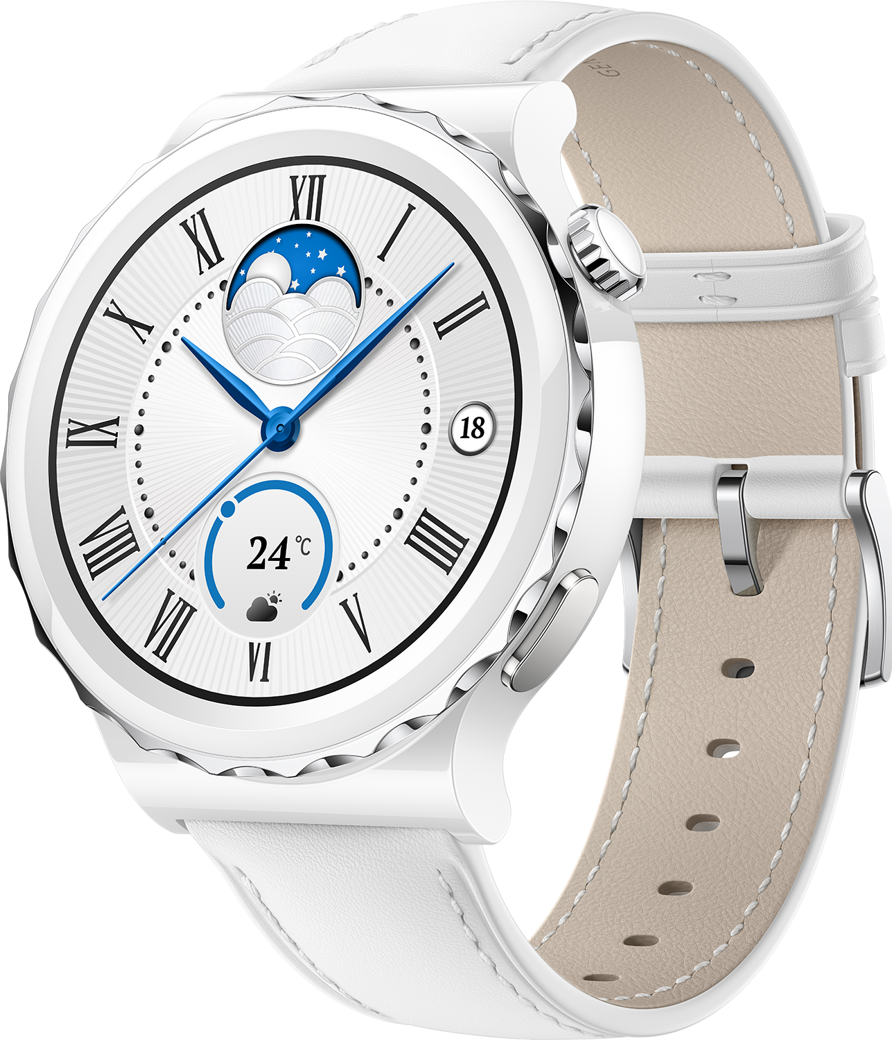 Eine weiße Smartwatch mit weißem Armband, die ein digitales Display mit Mond und Temperatur zeigt.
