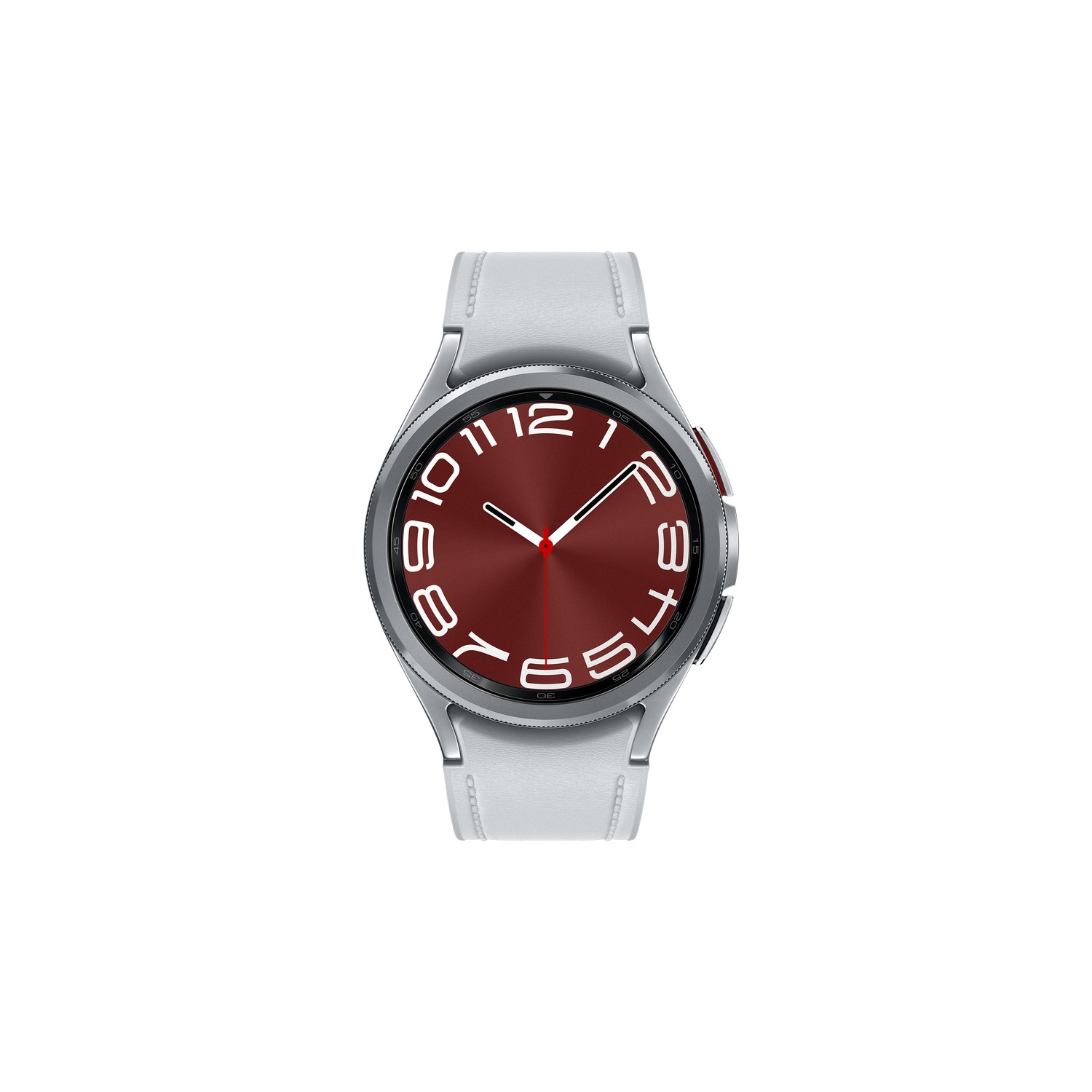 Zilveren smartwatch met een kastanjerode wijzerplaat, witte band, op een witte achtergrond.