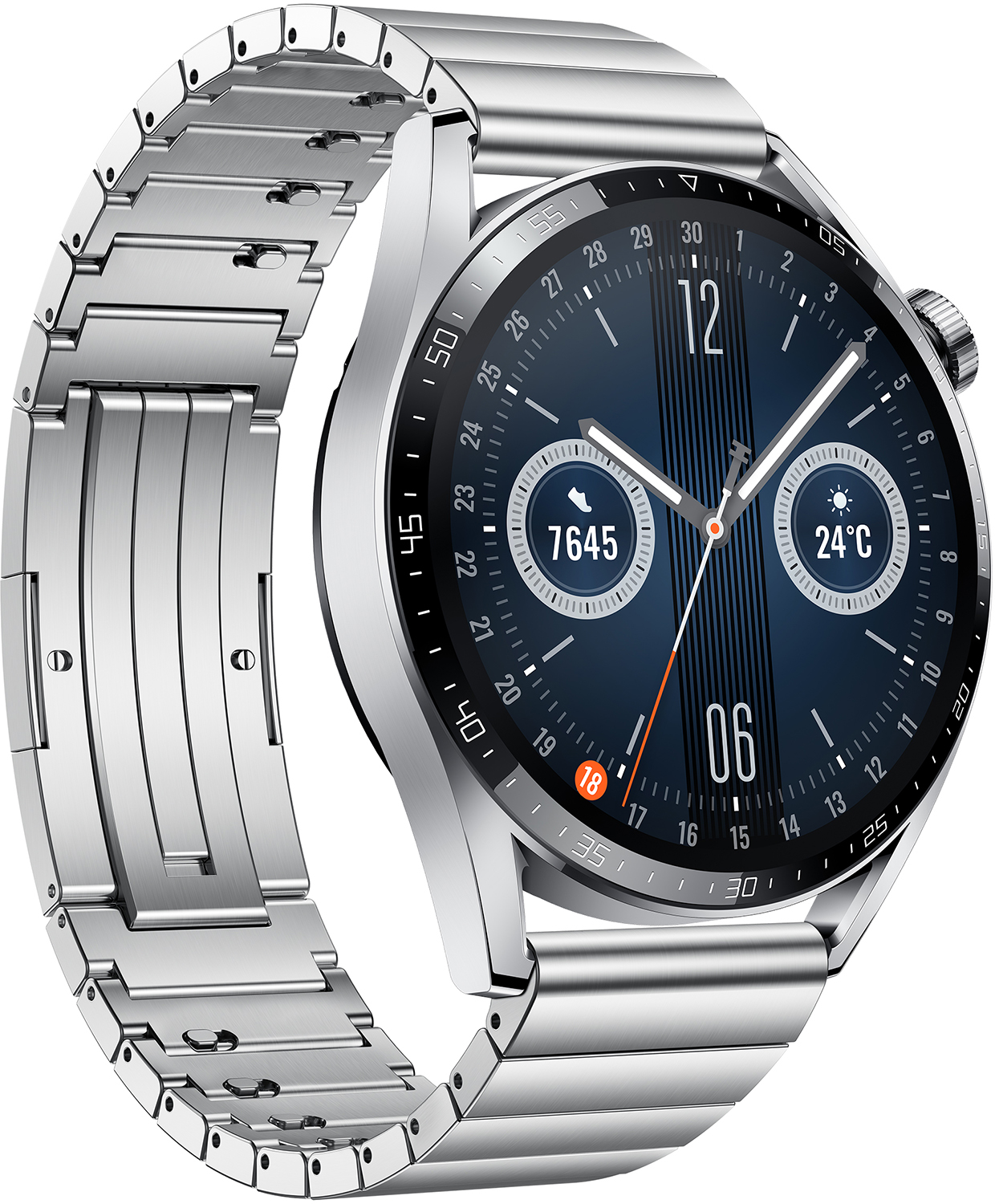 Eine silberne Smartwatch mit schwarzem Display und Metallarmband.