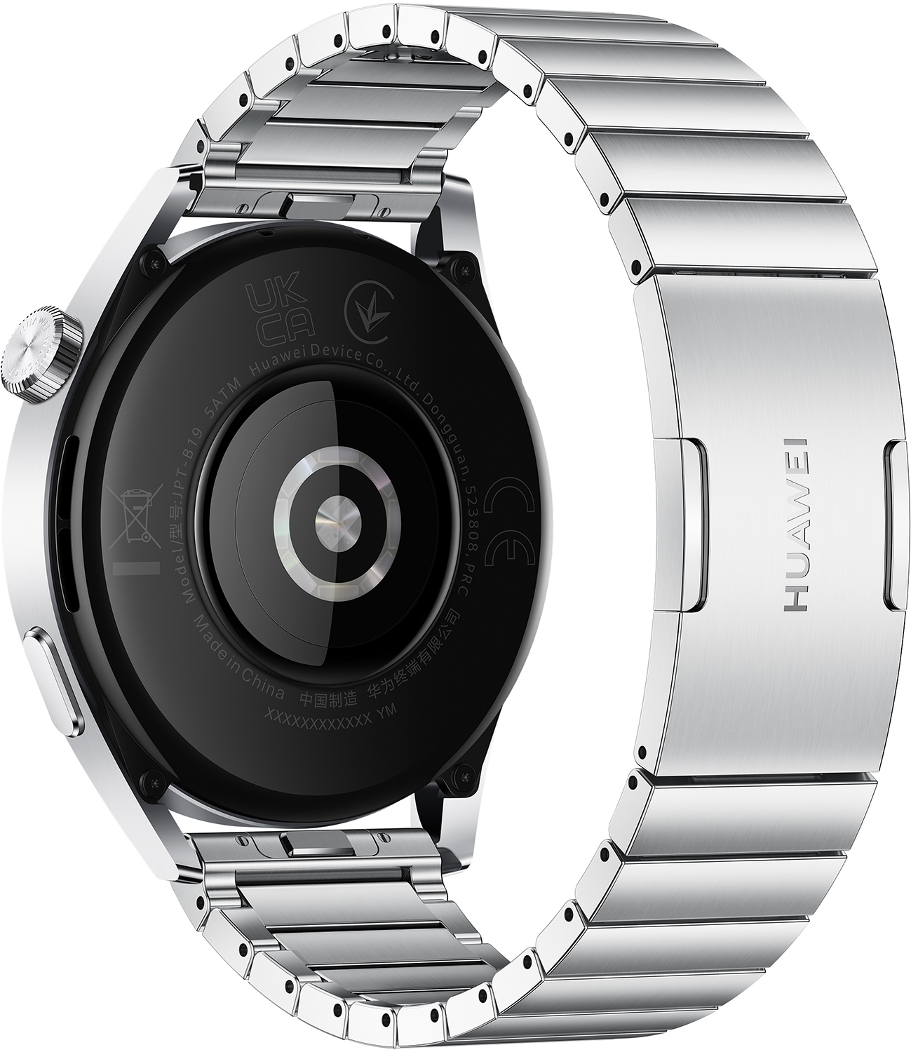 Rückansicht einer silbernen Smartwatch. Metallband und -gehäuse, mit Textmarkierungen.