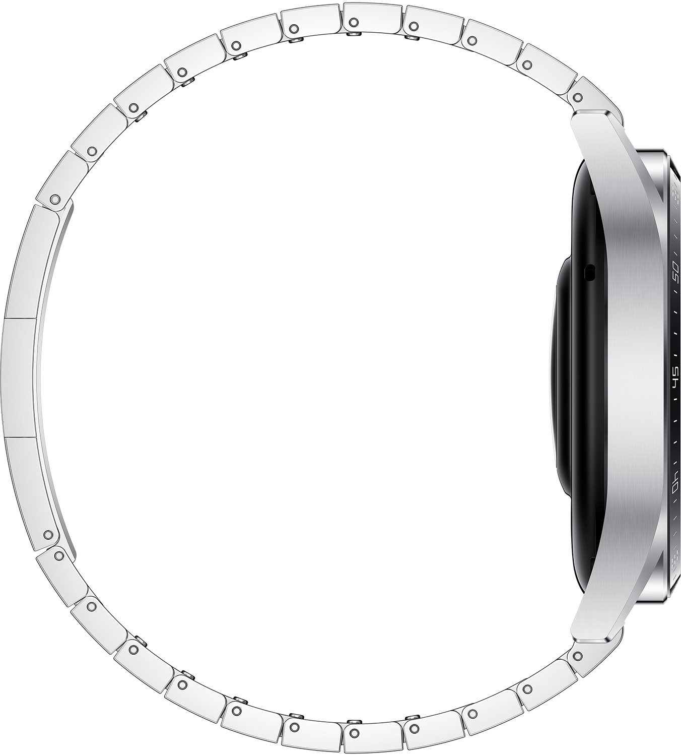 Seitenansicht einer silbernen Smartwatch mit Metallarmband.