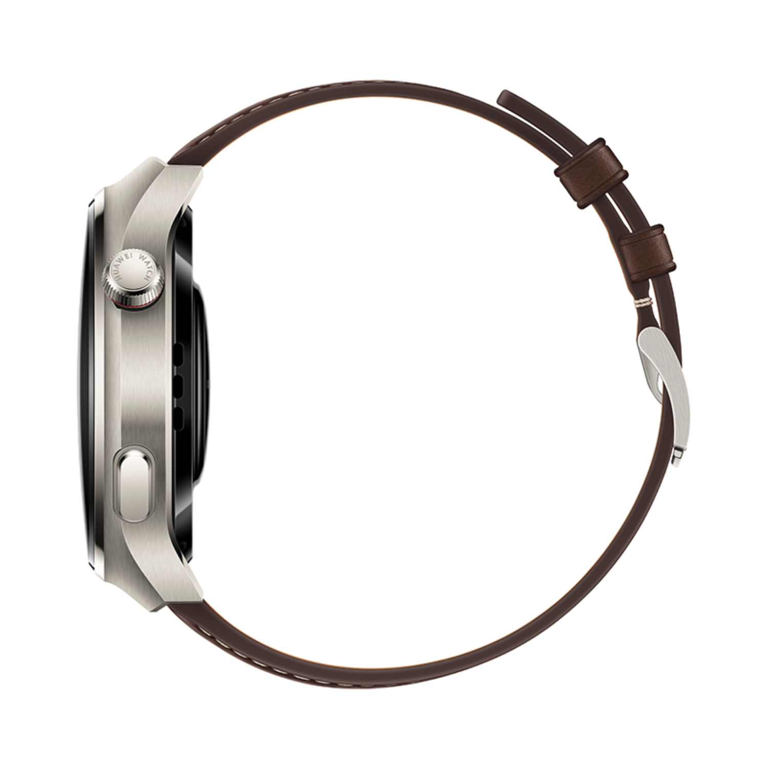 Seitenansicht einer silber-braunen Smartwatch mit Lederarmband.