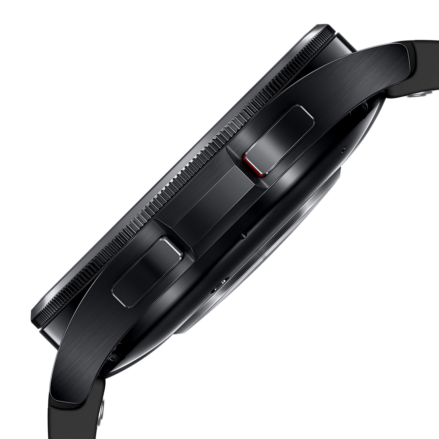 Smartwatch nero. Vista laterale mostra pulsanti e ghiera girevole. Sfondo nero.