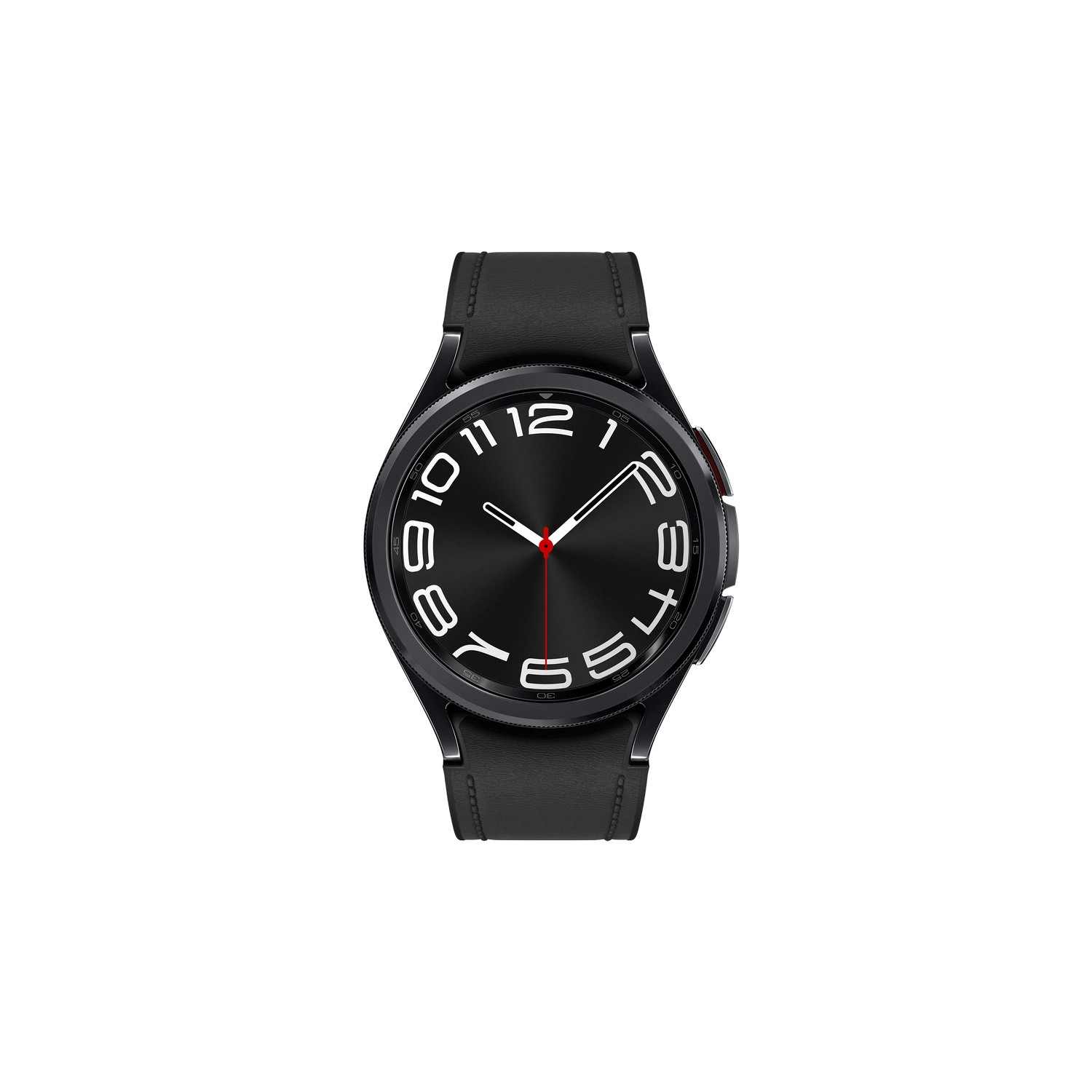 Zwarte smartwatch met een zwarte wijzerplaat en witte cijfers. Zwarte leren band.