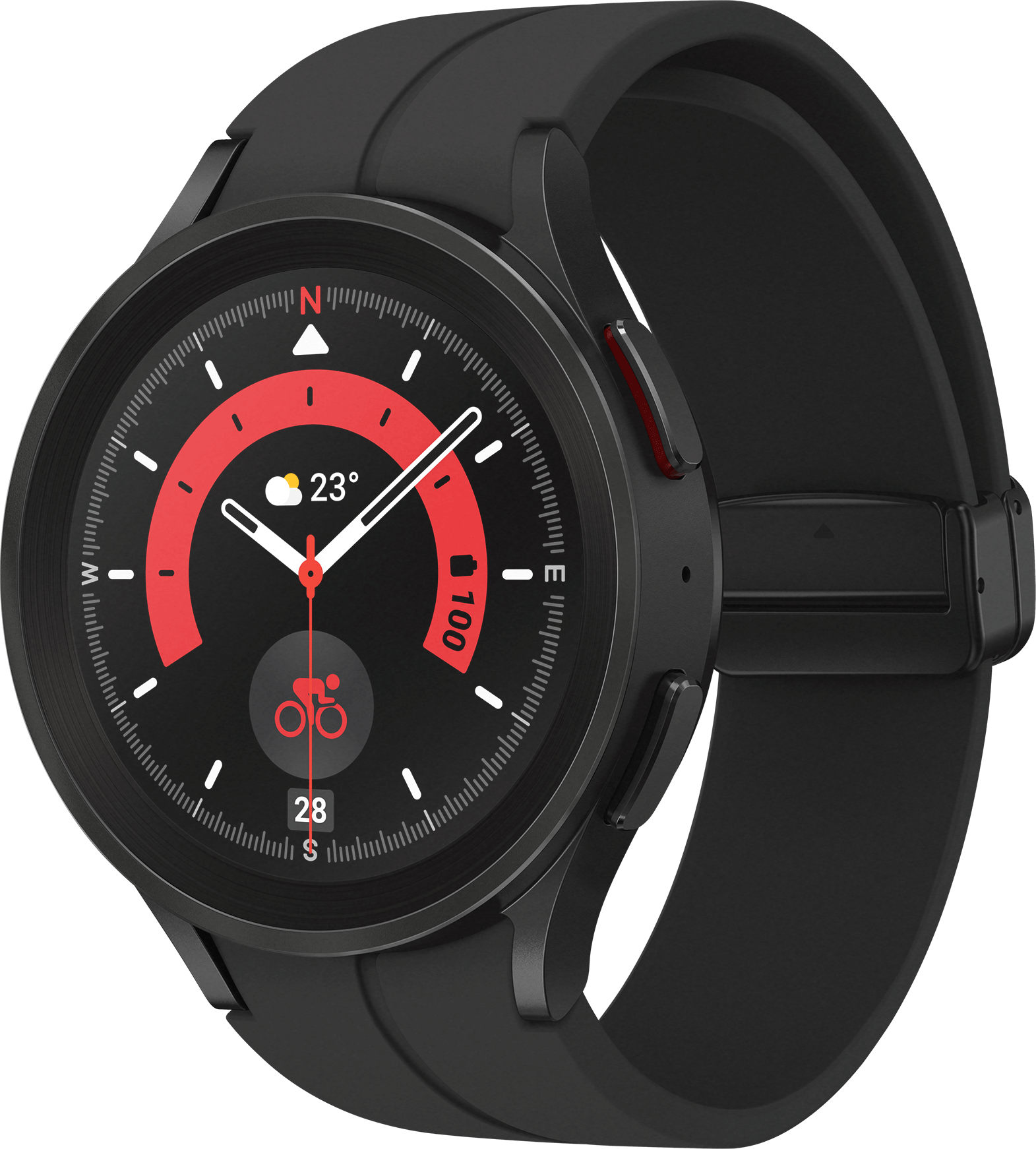 Uno smartwatch nero con cinturino nero, che mostra un quadrante con accenti rossi.