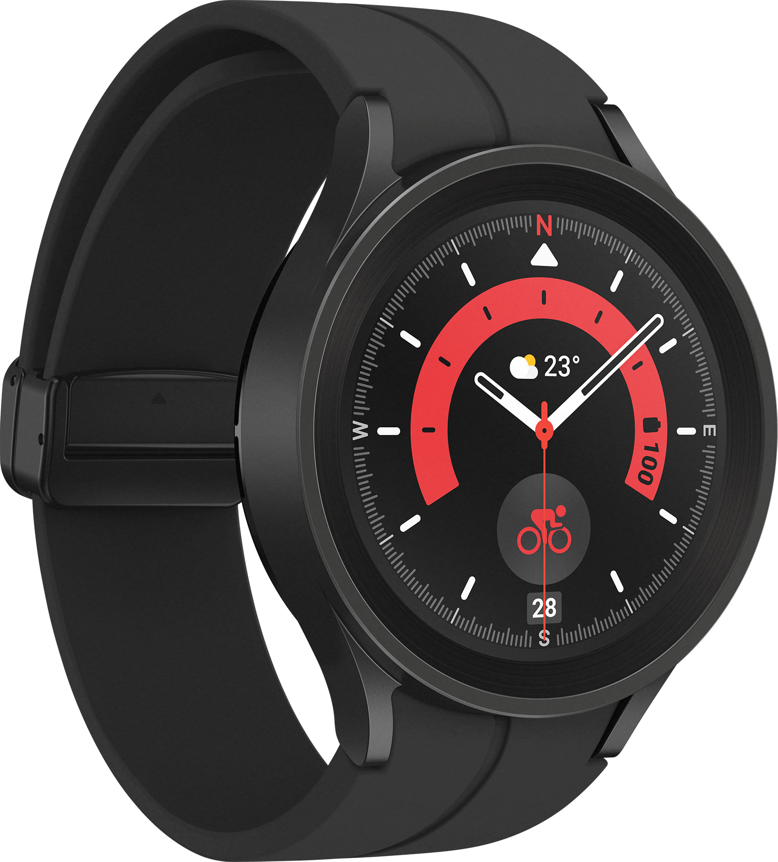 Smartwatch nero con display rotondo. Lo schermo mostra l'ora, una temperatura e un simbolo ciclistico.