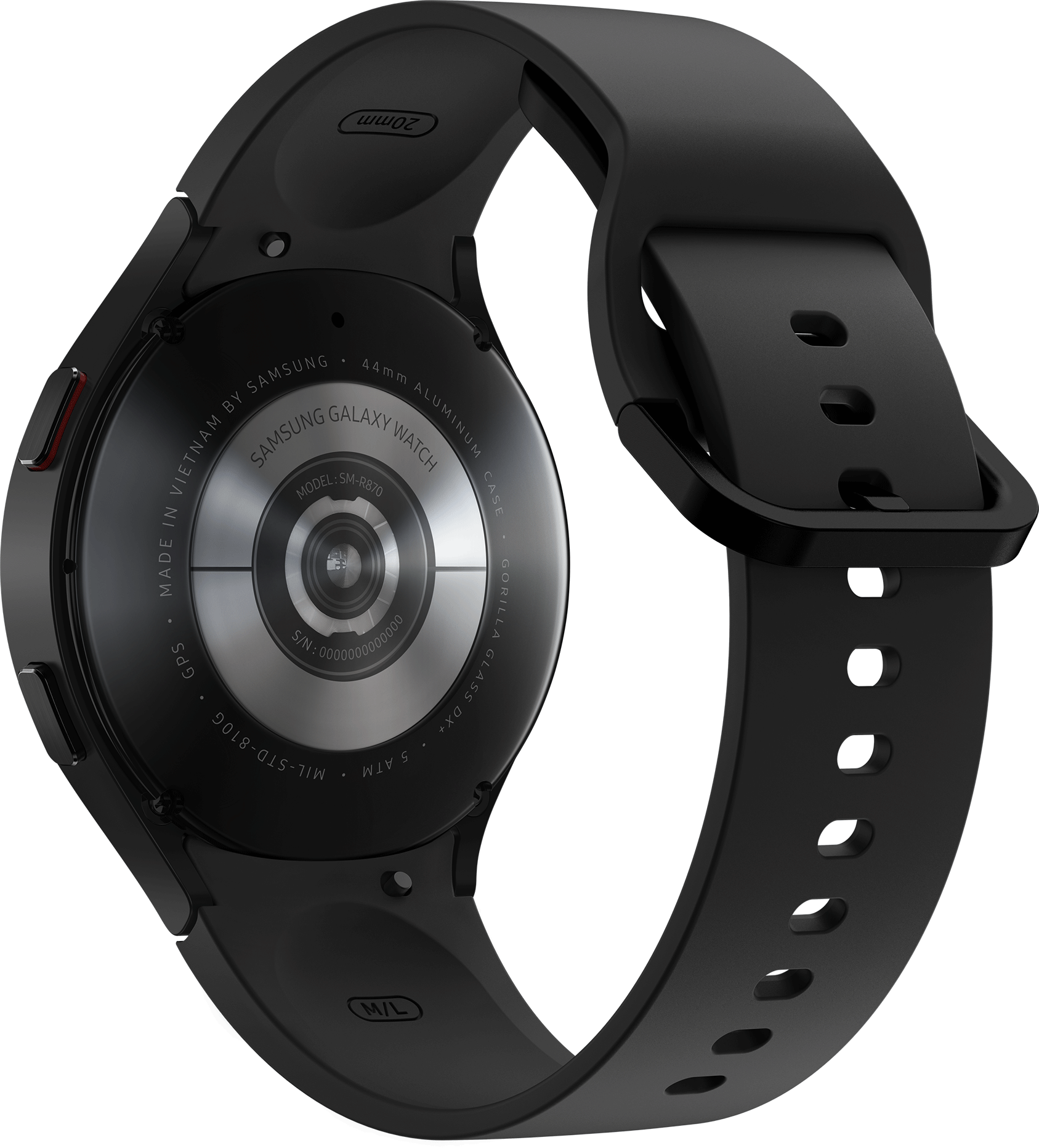Eine schwarze Samsung Galaxy Watch, Rückansicht, mit schwarzem Armband.