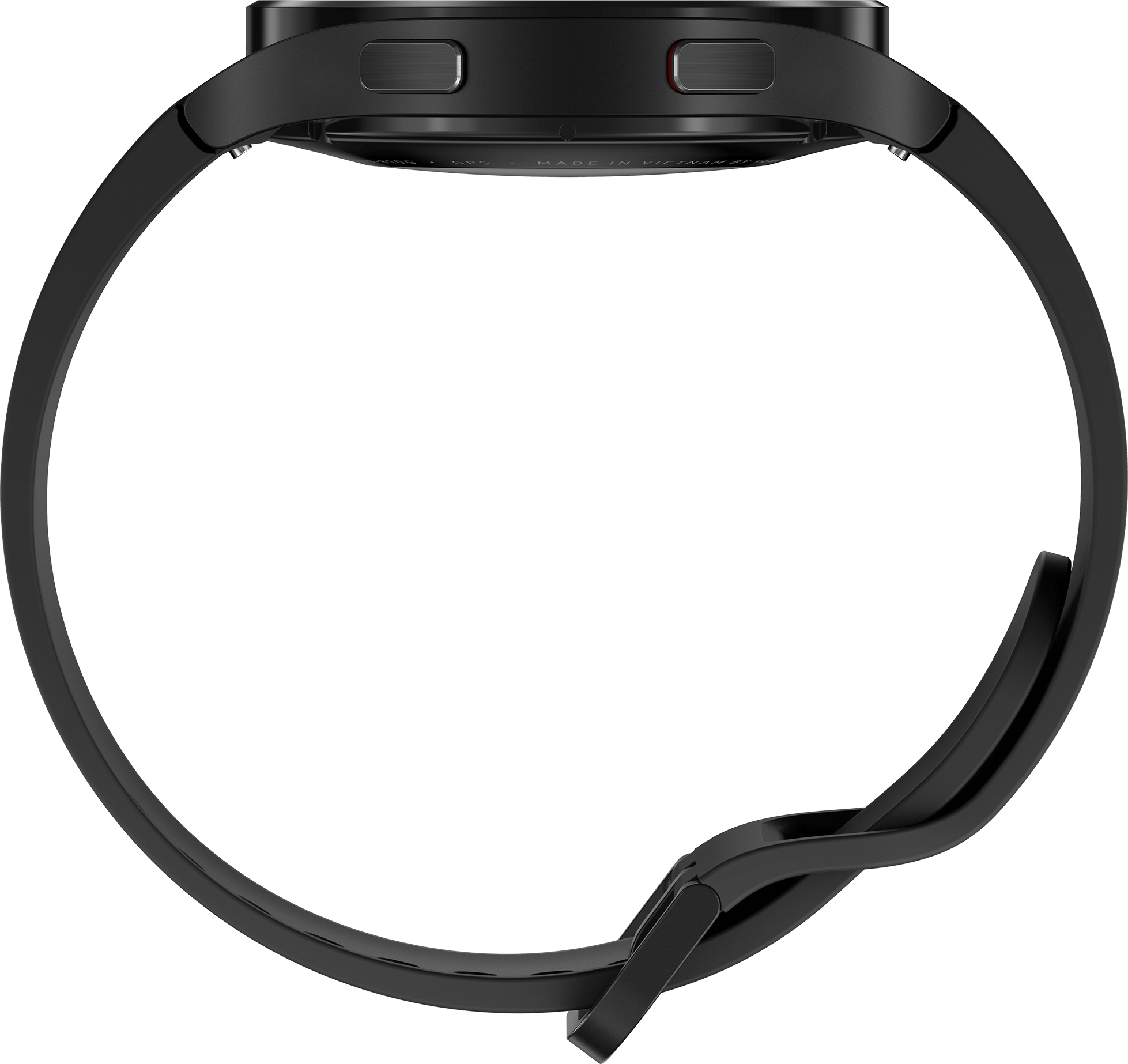 Schwarze Smartwatch mit schwarzem Armband, Seitenansicht. Der Bildschirm zeigt Uhrzeit und Datum.