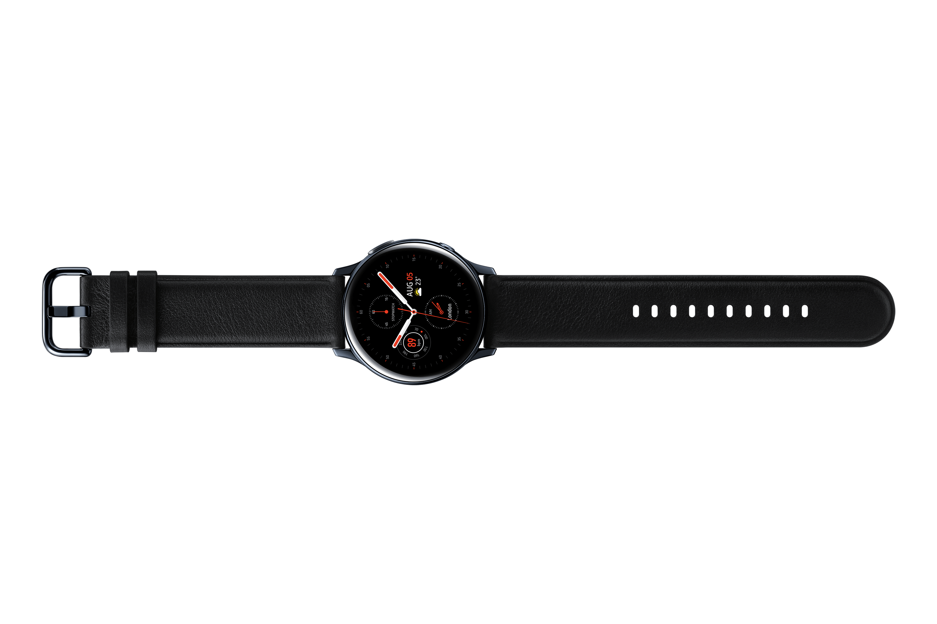 Smartwatch con correa de cuero negra, fondo negro.