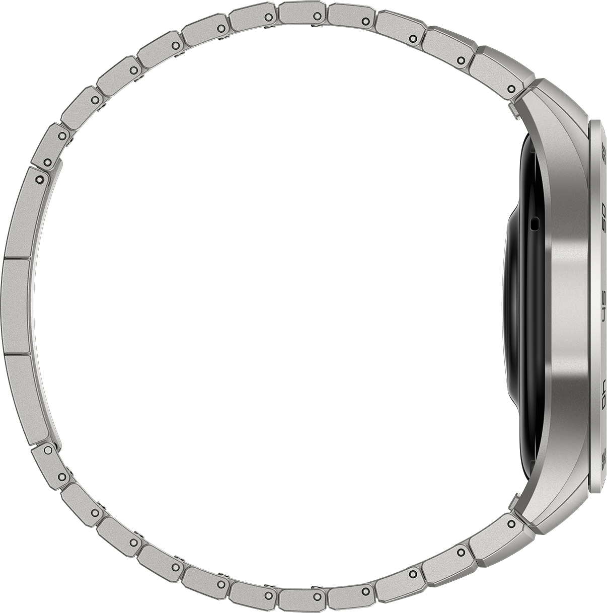 Srebrny smartwatch. Widok z boku, pokazujący pasek i zakrzywioną tarczę. Czarne tło.
