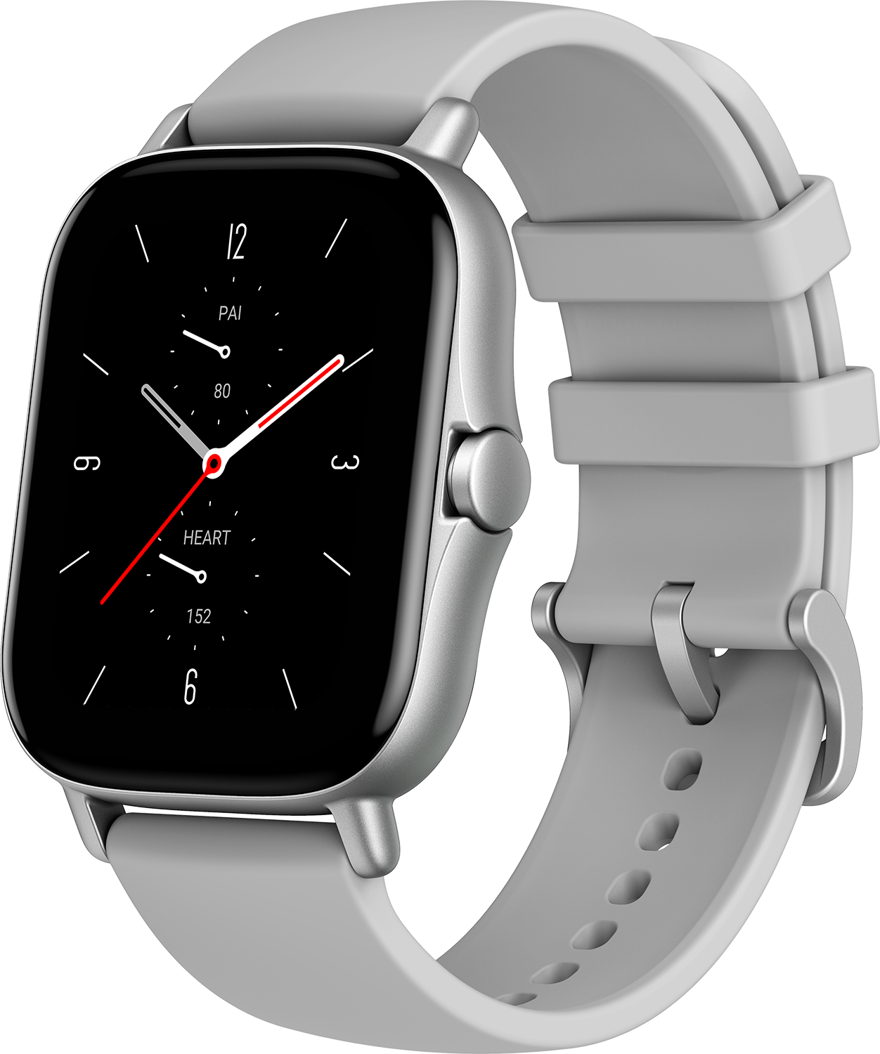 Un smartwatch plateado con una pantalla negra que muestra la hora y métricas de salud. El reloj tiene una correa gris.