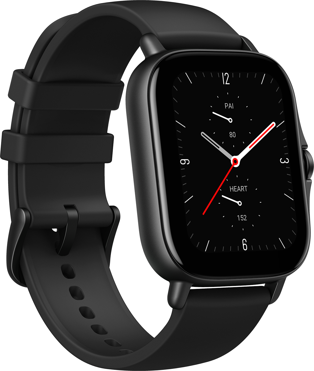 Smartwatch nero con cinturino nero che mostra ora e frequenza cardiaca.