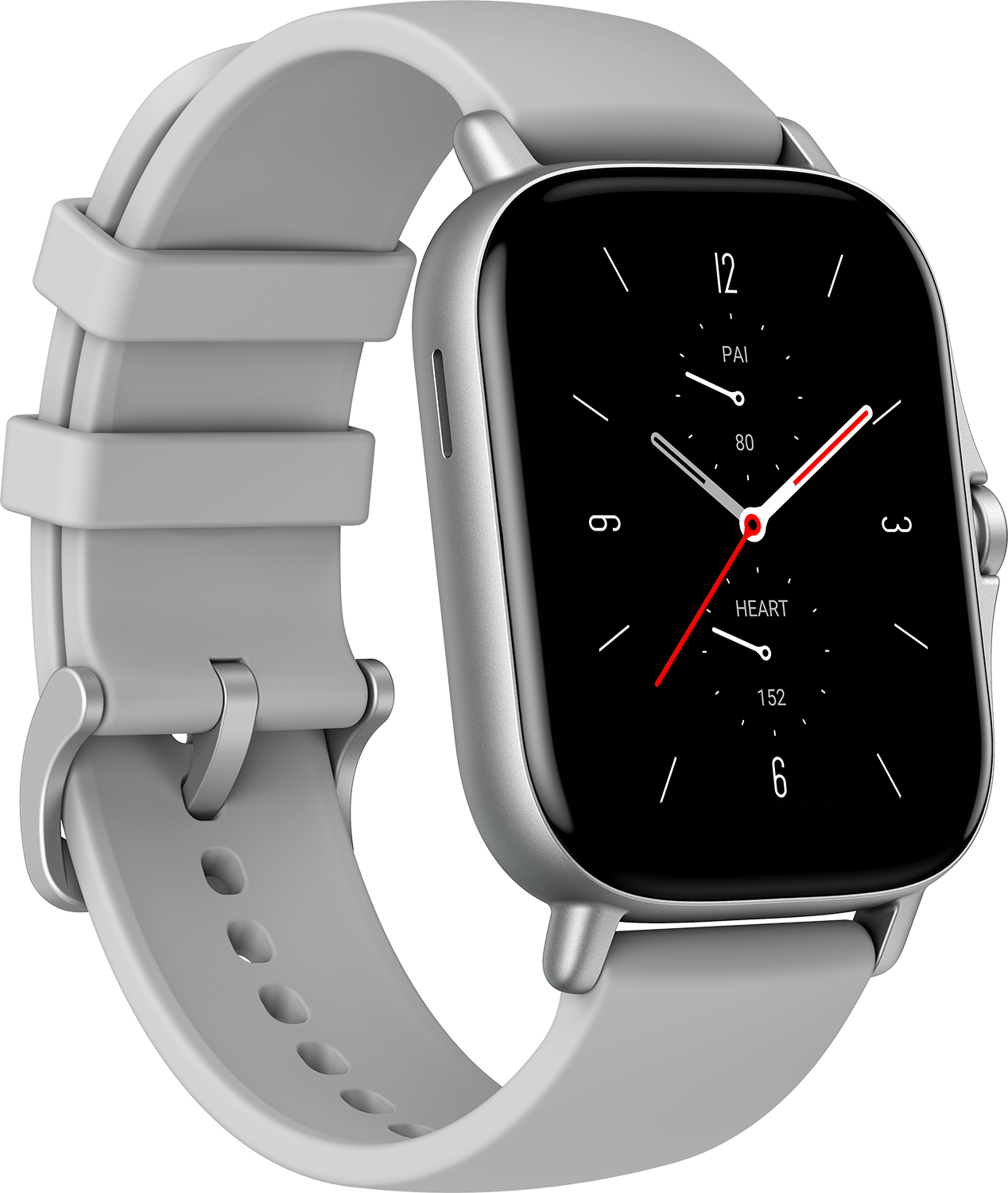 Reloj inteligente plateado con pantalla negra que muestra la hora y métricas de salud. Correa gris.