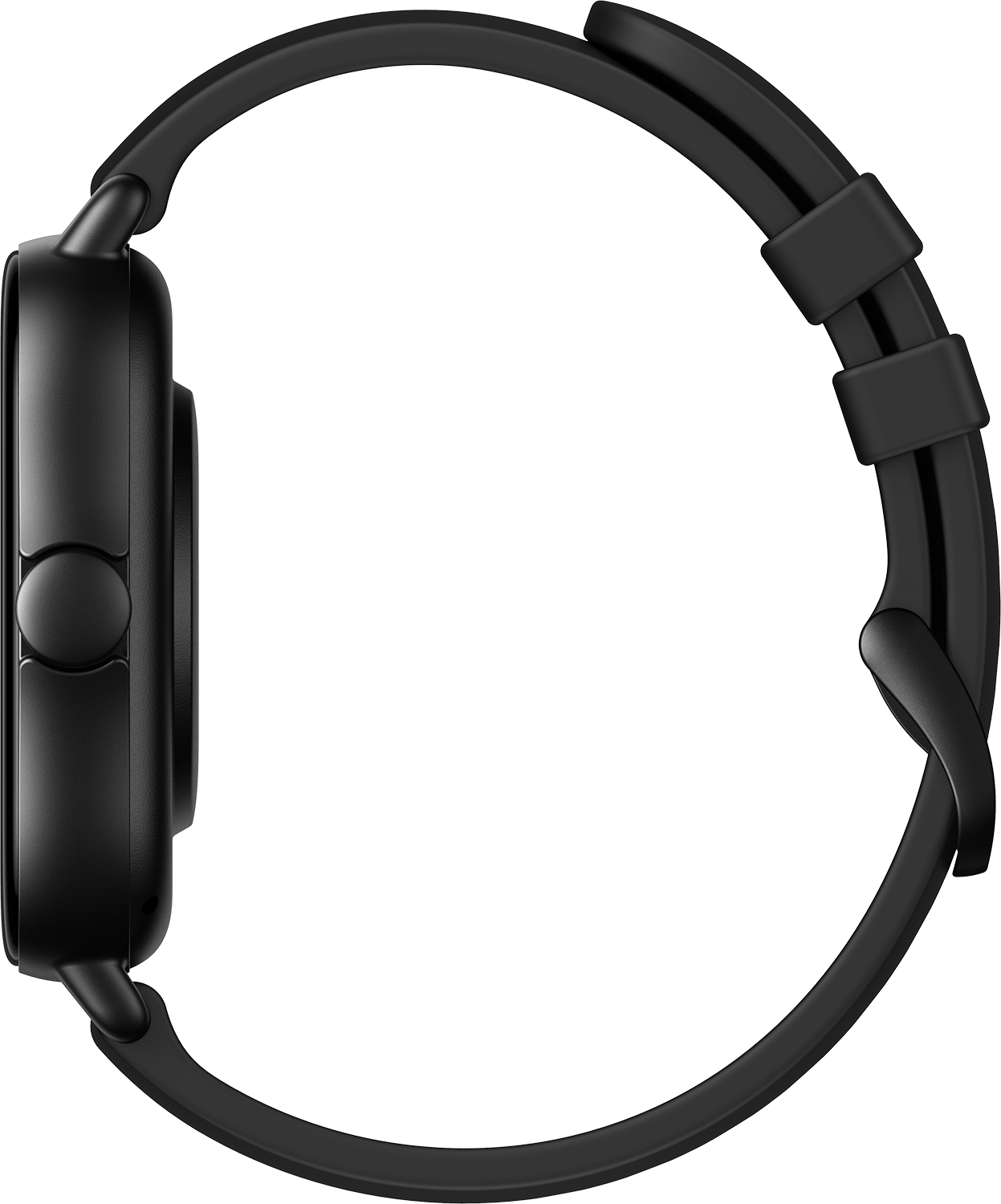 Una vista laterale di uno smartwatch nero con cinturino nero. L'orologio ha un quadrante circolare.