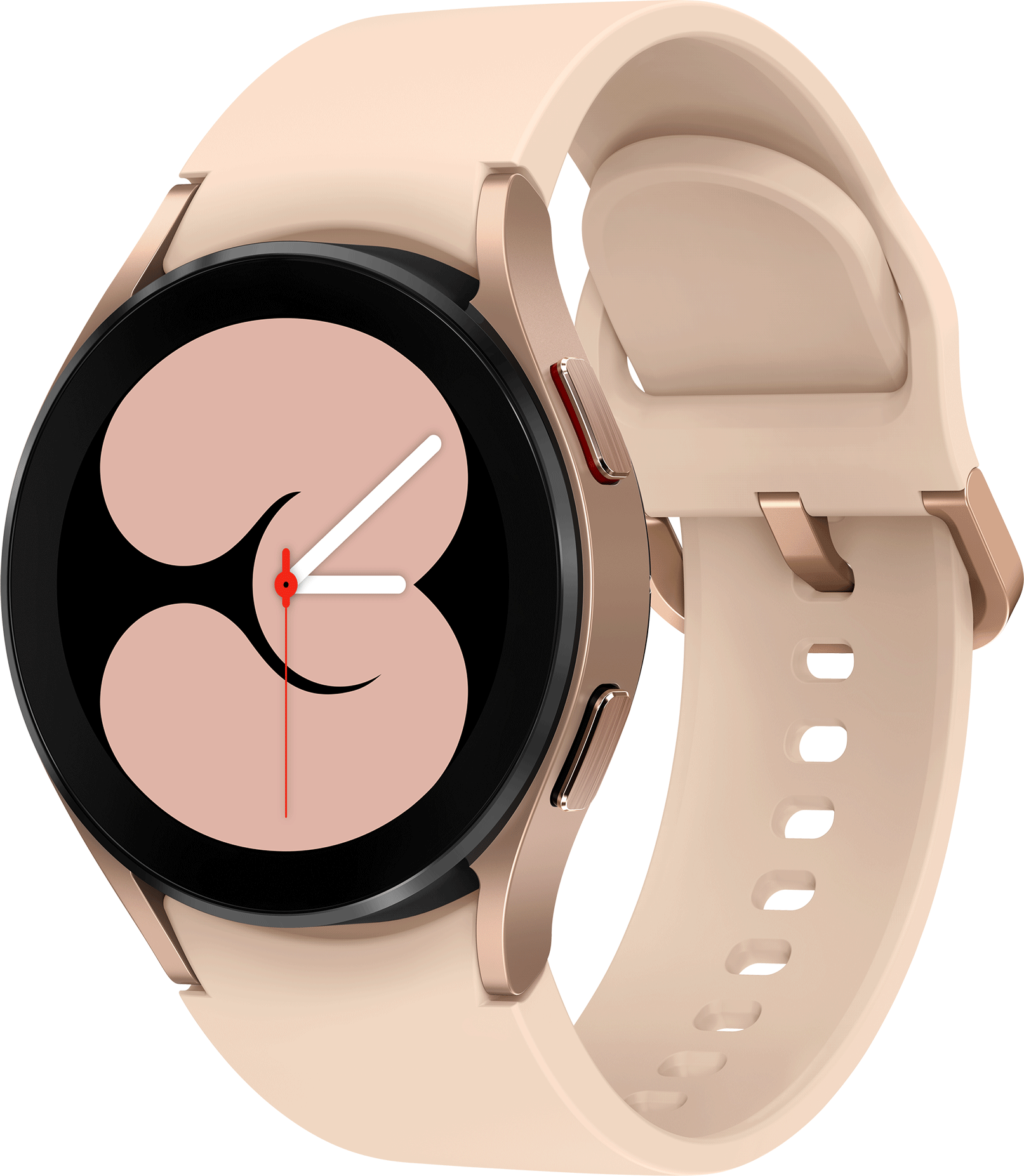 Eine hellrosa Smartwatch mit goldfarbenem Armband und schwarzem Zifferblatt.