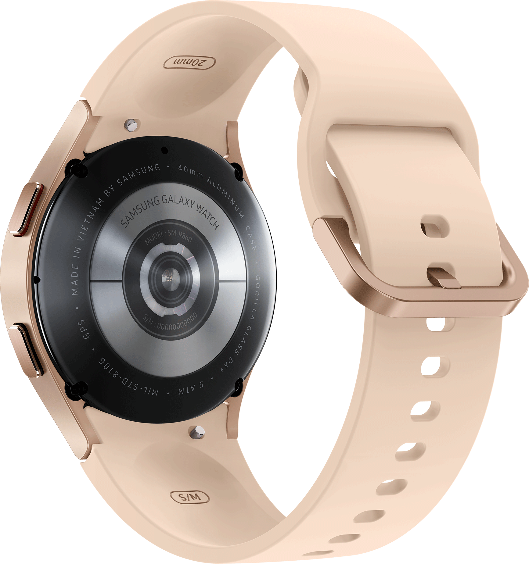Rosa Samsung Galaxy Watch auf schwarzem Hintergrund, Rückseite mit Details zeigend.