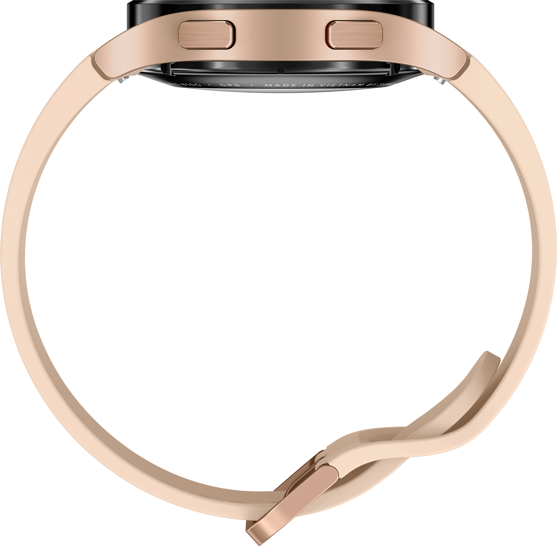 Eine roségoldene Smartwatch mit cremefarbenem Armband, aus der Vogelperspektive gesehen.