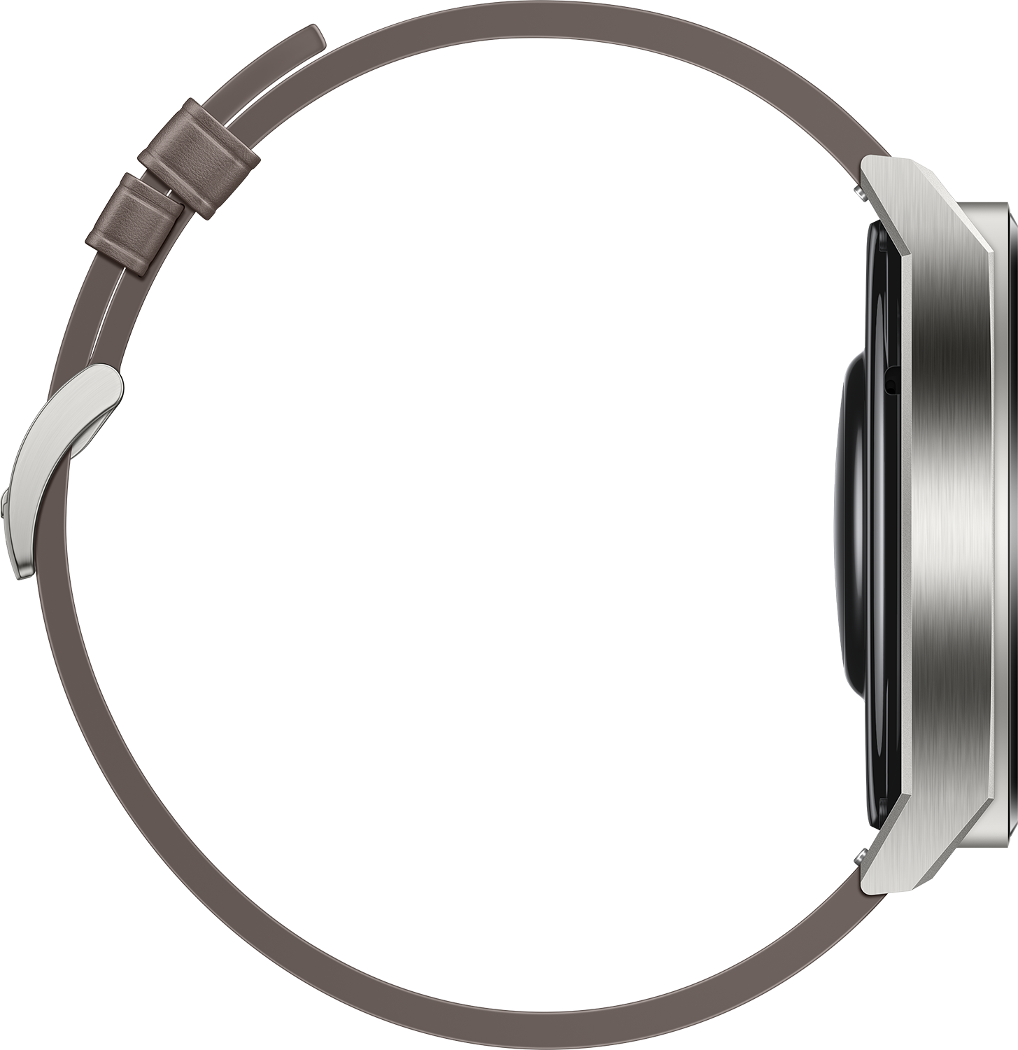 Seitenansicht einer silbernen Smartwatch mit braunem Armband. Das Zifferblatt ist dunkel.