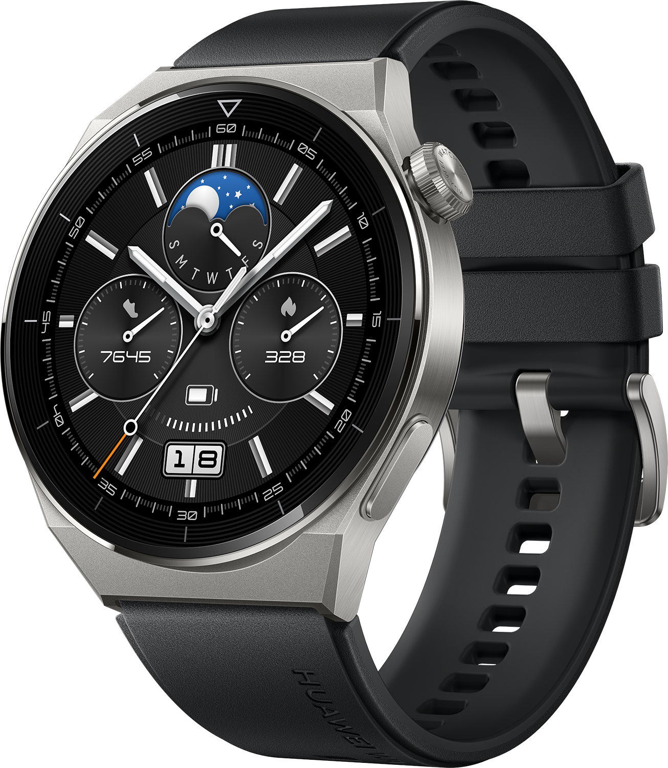 Eine schwarz-silberne Smartwatch mit rundem Zifferblatt, schwarzem Armband und sichtbarer Datumsanzeige.