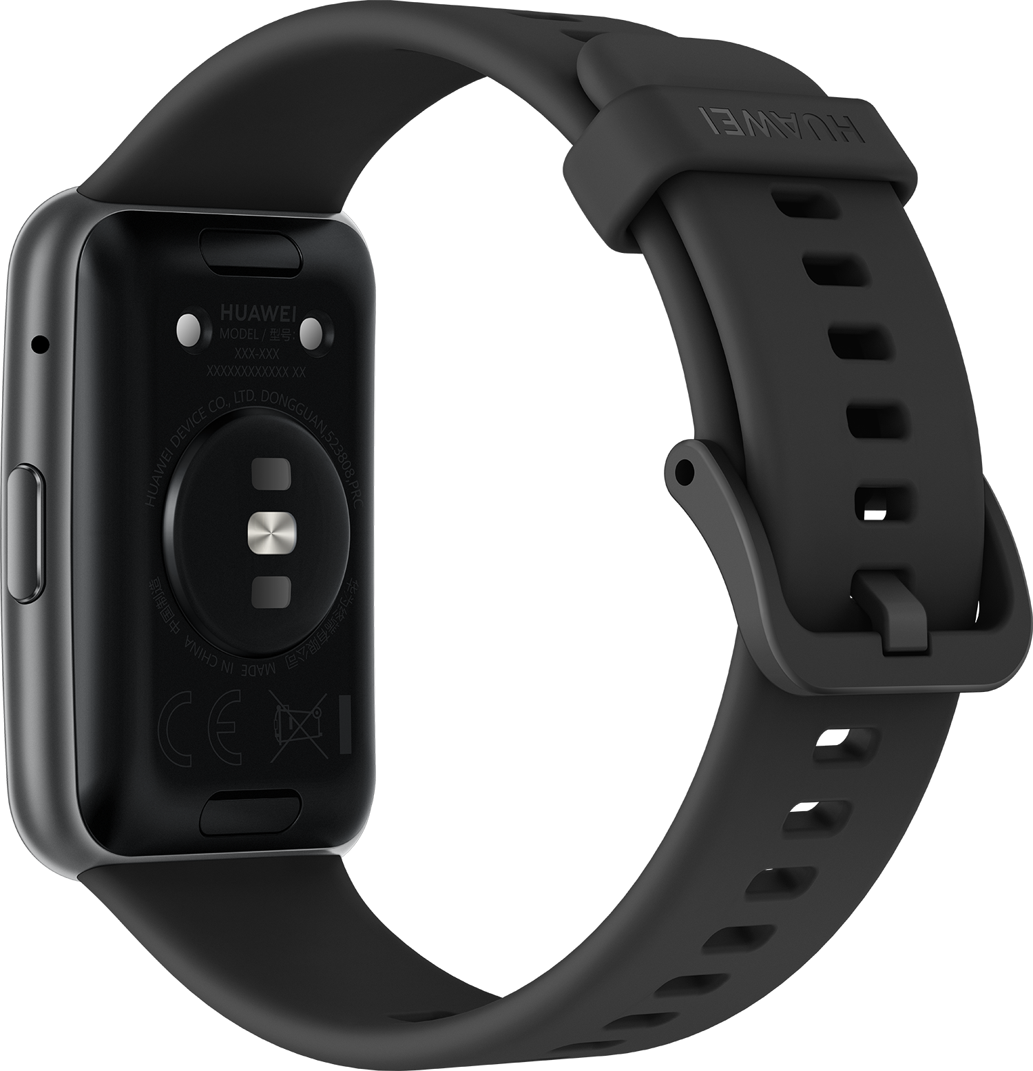 Tył czarnego smartwatcha Huawei z czarnym paskiem. Zegarek ma kwadratową tarczę.