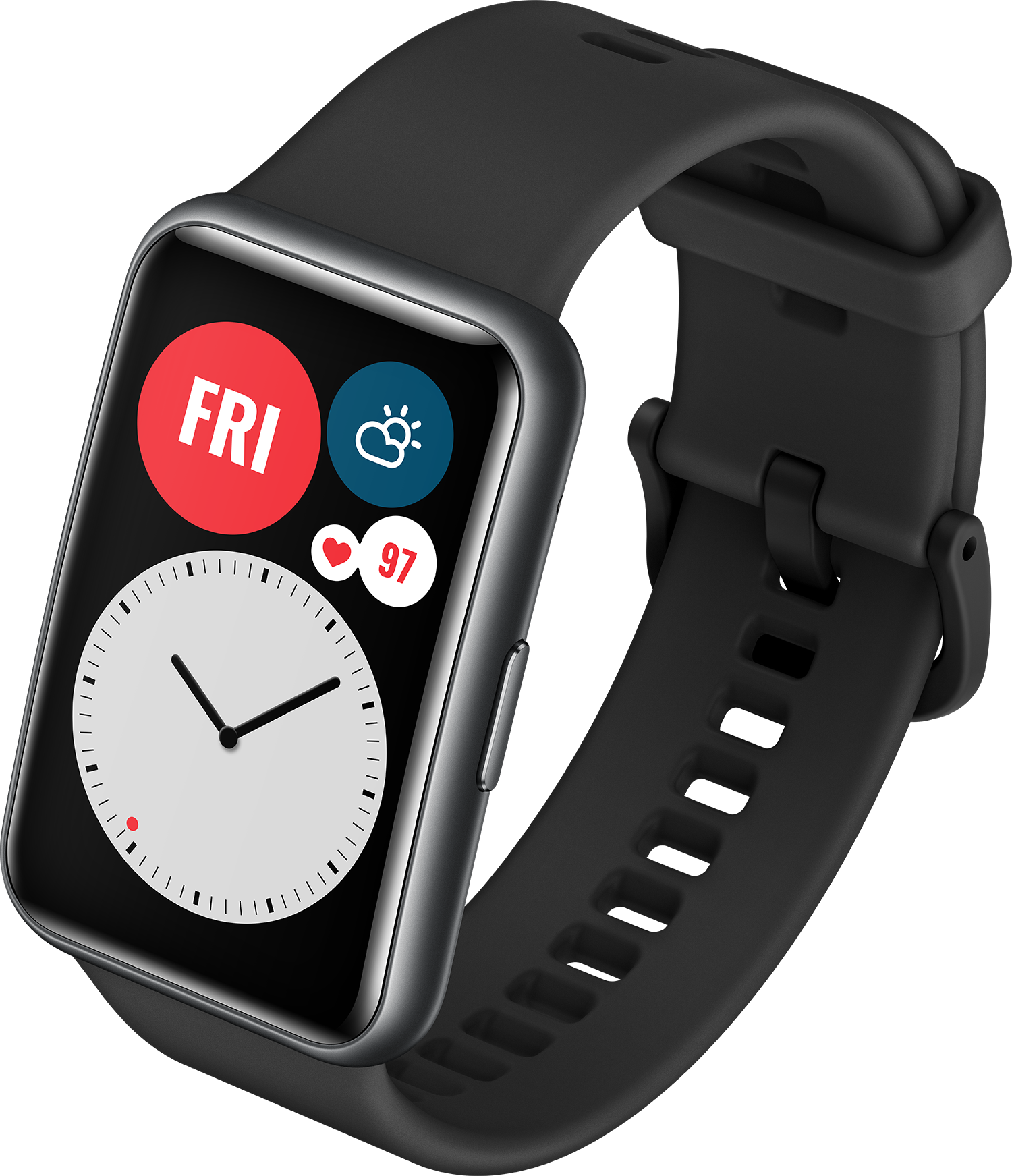 Czarny smartwatch Huawei z czarnym paskiem, pokazujący godzinę i dane pogodowe.