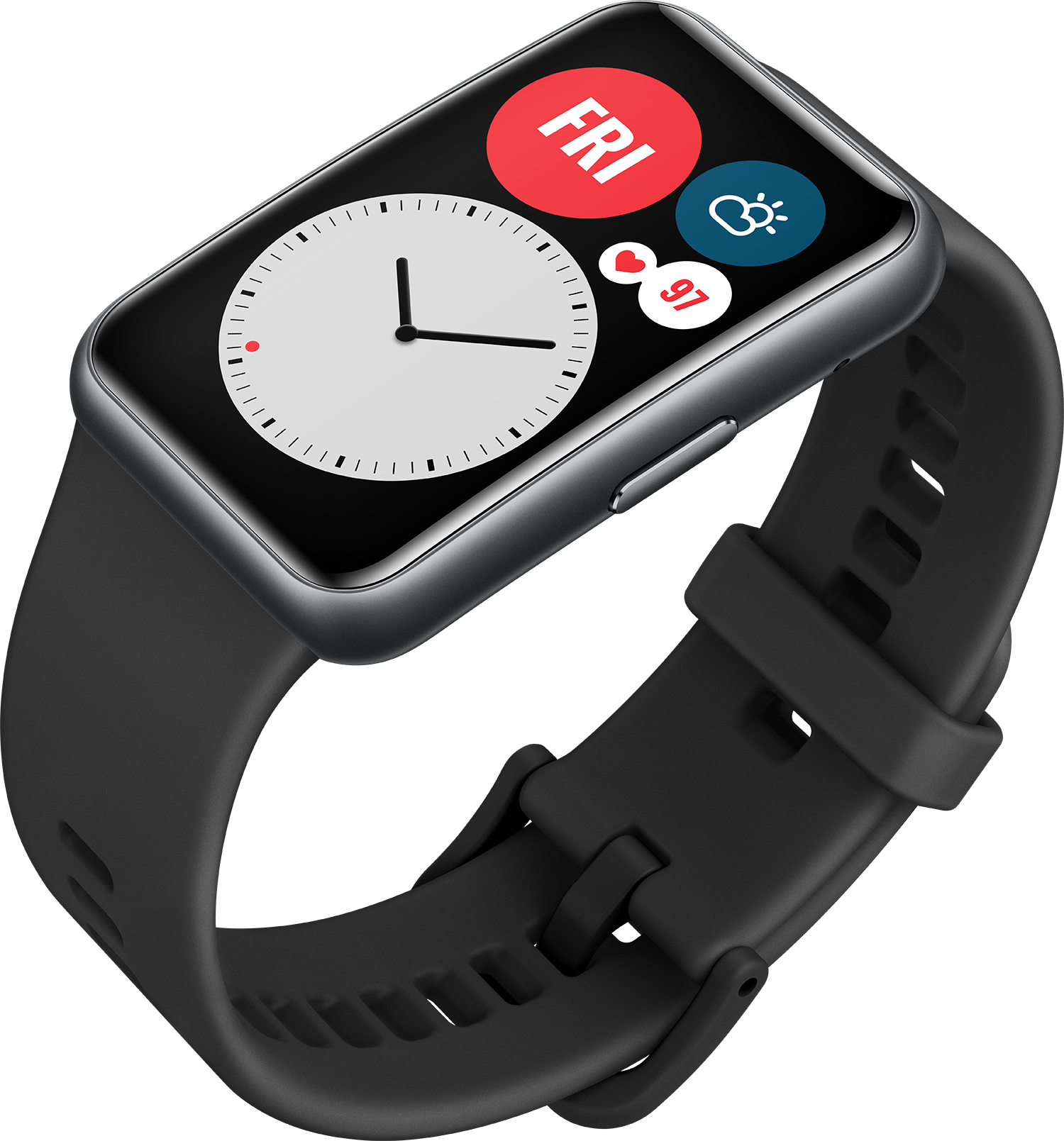 Smartwatch z czarnym paskiem. Tarcza zegarka wyświetla godzinę, datę, tętno i ikony pogody. Nowoczesny design.