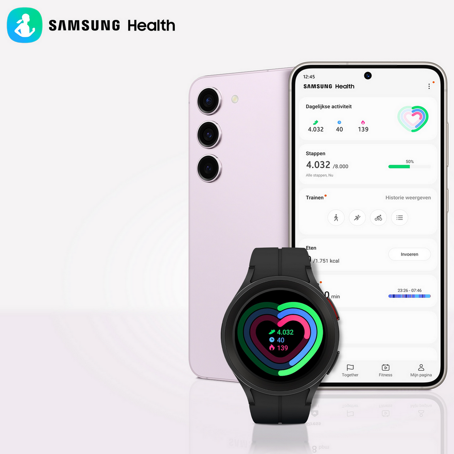 Un telefono Samsung rosa, uno smartwatch nero e uno schermo dell'app del telefono che mostra i dati sanitari.