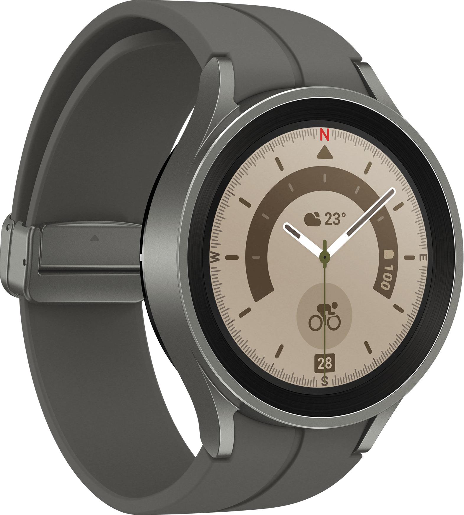 Smartwatch grigio con display circolare, mostra ora e dati sanitari.