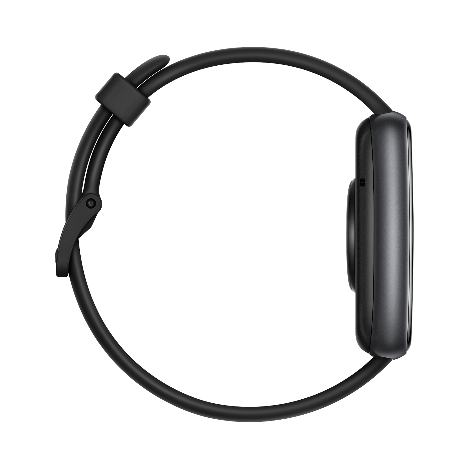 Vista lateral de un smartwatch negro con correa negra, mostrando un botón y diseño curvo.
