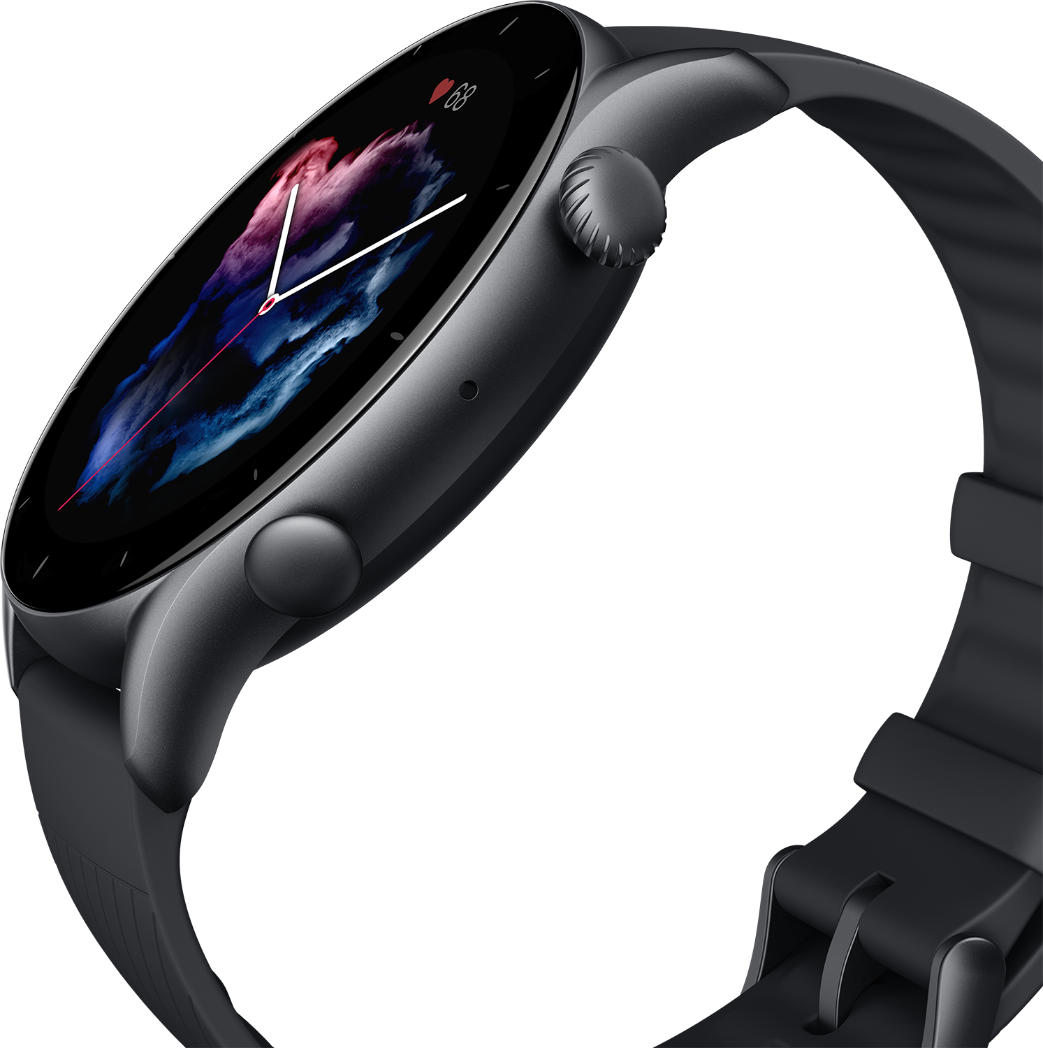 Nahaufnahme einer schwarzen Smartwatch mit farbenfroher Anzeige, die eine Herzfrequenz zeigt.