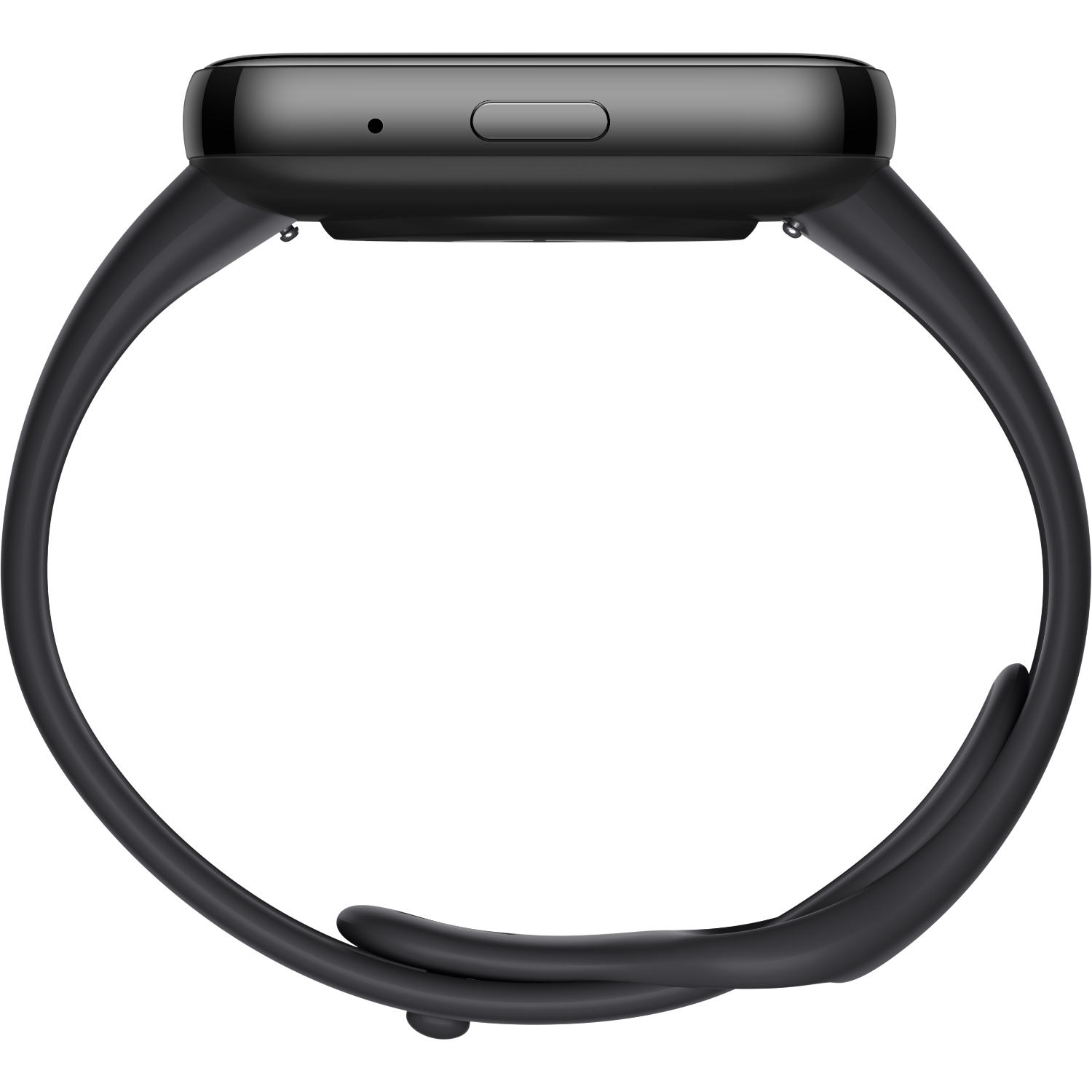 Widok z góry czarnego smartwatcha z czarnym paskiem, prosty design z przyciskiem i mocowaniami paska.