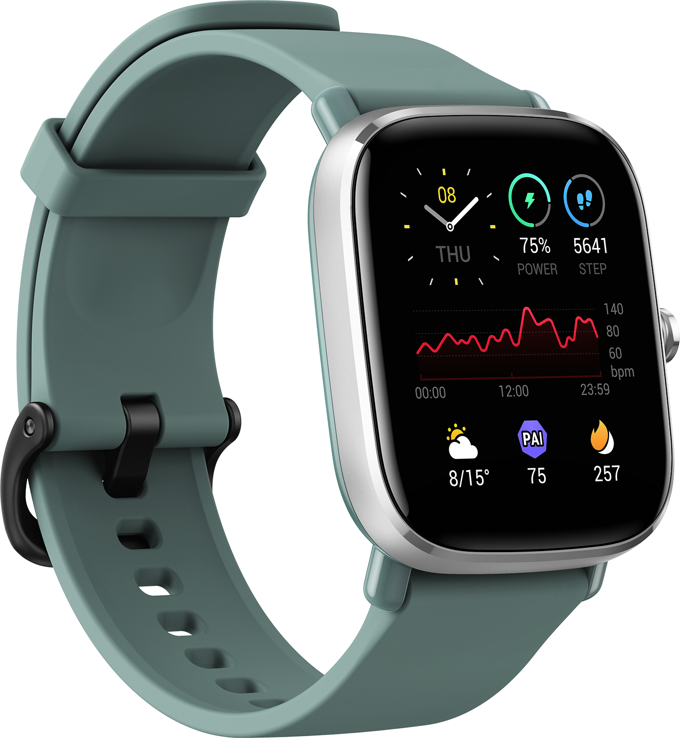 Smartwatch verde con display che mostra ora, batteria, frequenza cardiaca e passi. Cinturino verde.