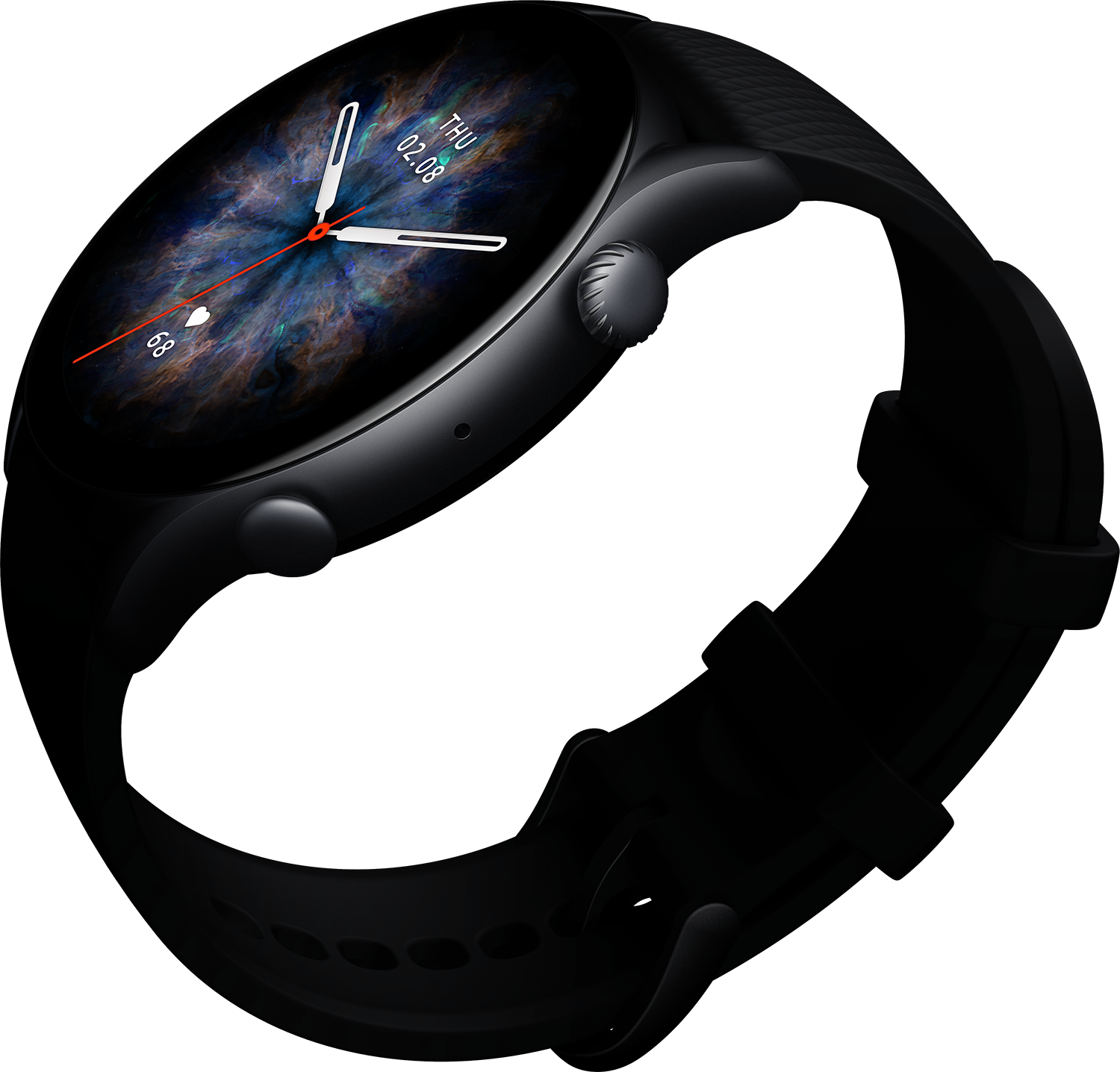 Eine schwarze Smartwatch mit einem dunklen, wirbelnden Hintergrund auf dem Bildschirm. Das Armband ist auch schwarz.