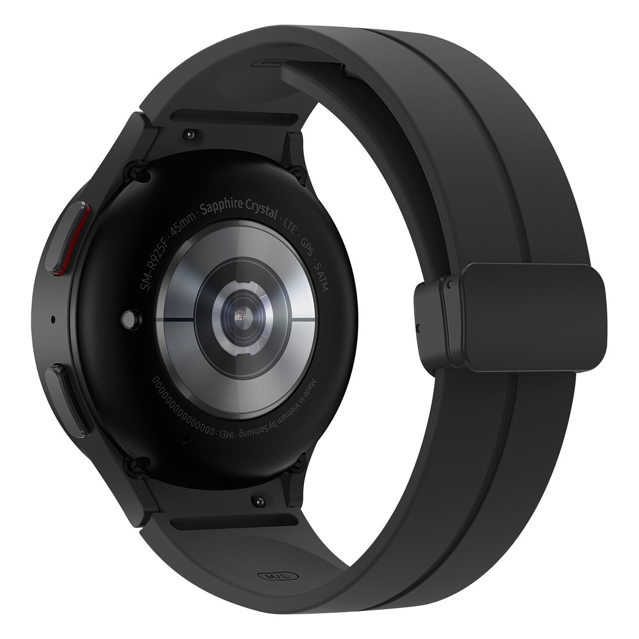 Die Rückseite einer schwarzen Smartwatch mit schwarzem Armband. Es hat einen Sensor und einen silbernen Ring.