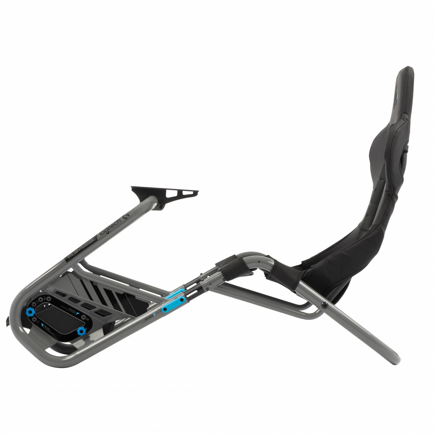 Gaming-Rennsitz, grauer Rahmen mit schwarzem Sitz und schwarzem Sockel, vor Weiß.