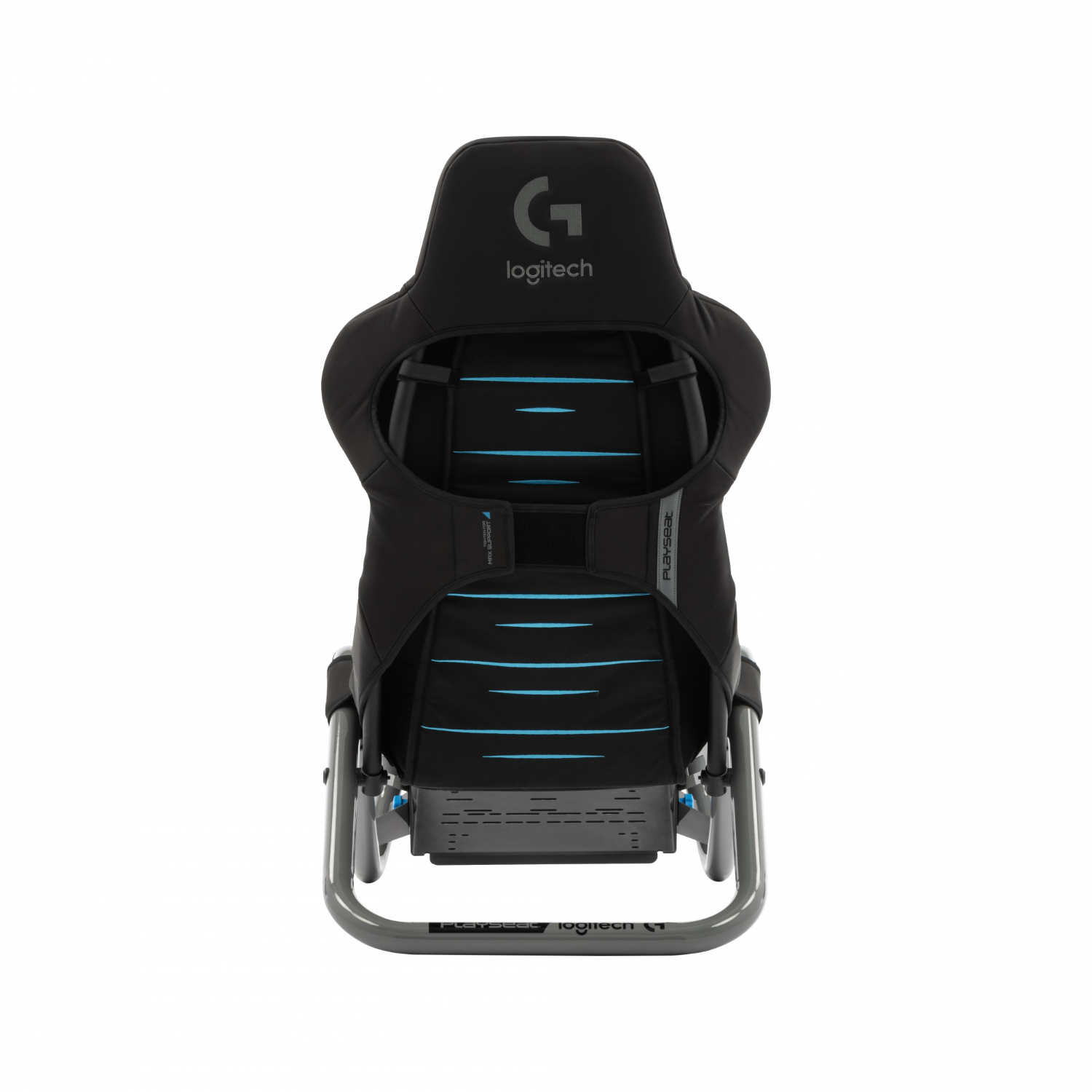 Schwarzer Gaming-Stuhl. Logitech-Logo auf der Kopfstütze. Blaue Linien auf der Rückenlehne. Grauer Metallrahmen.