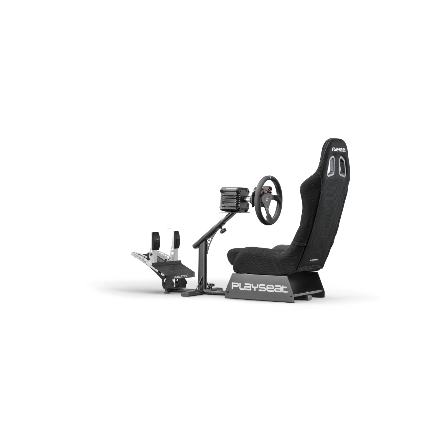 Configuración de simulador de carreras con volante, asiento y pedales. Esquema de color negro y gris.
