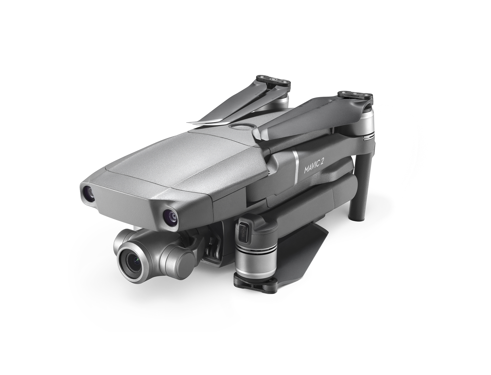 Graue Drohne mit schwarzen Propellern, Kamera und dem Wort "Mavic 2" auf der Oberfläche.