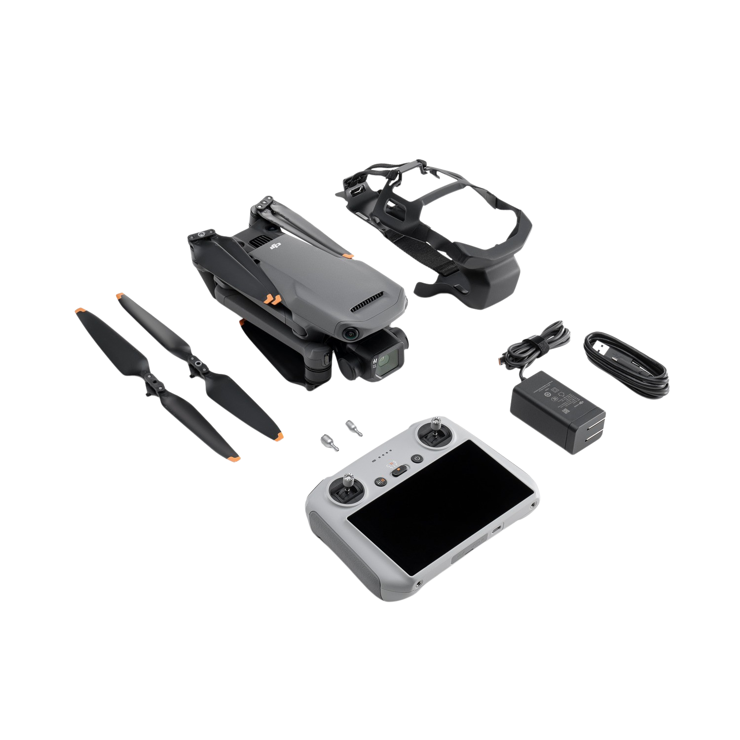 Dron con accesorios: hélices, mando, cargador y funda. Fondo negro.