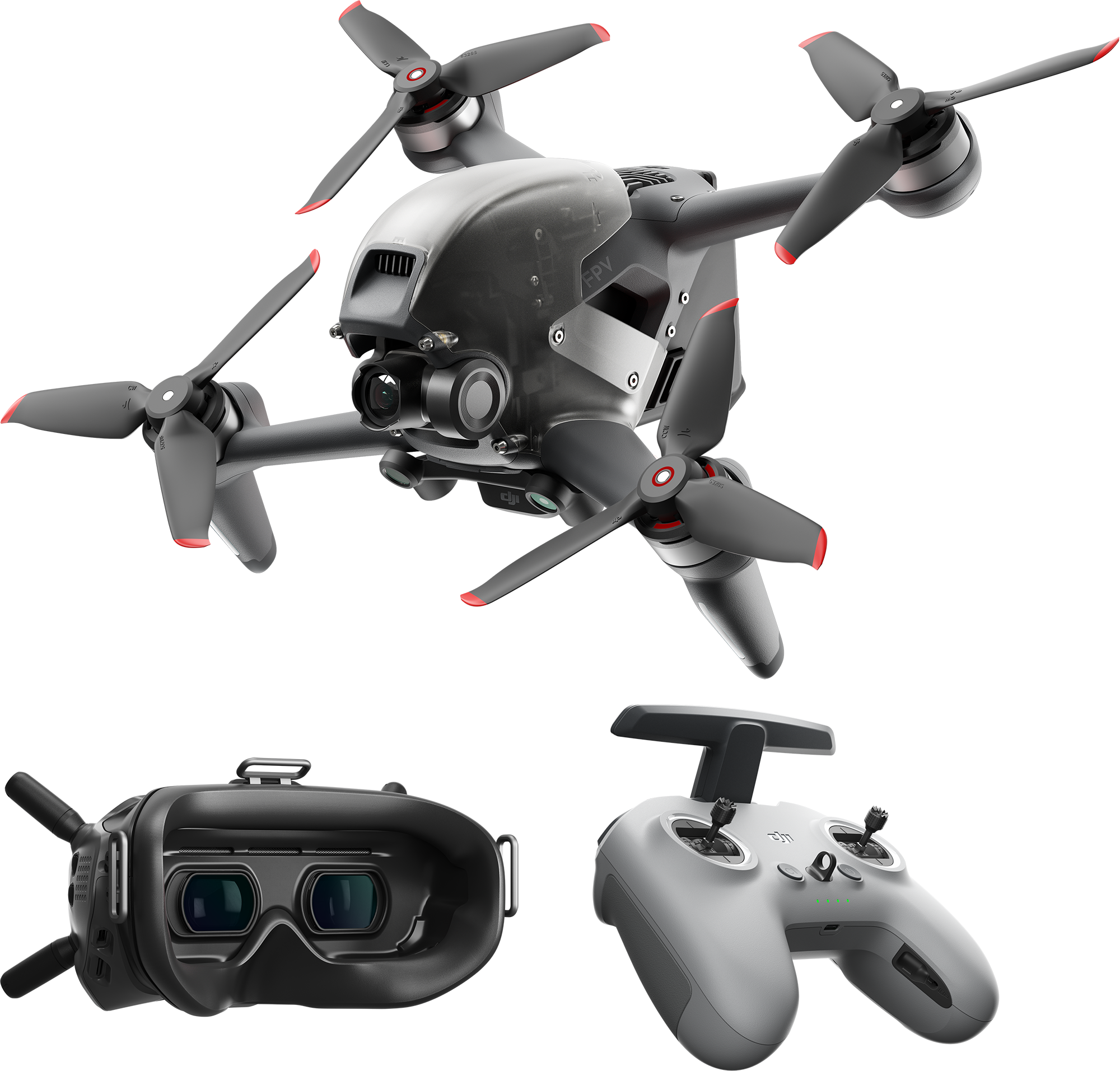 Eine Drohne mit Propellern, ein Headset und ein Controller, alles vor schwarzem Hintergrund.