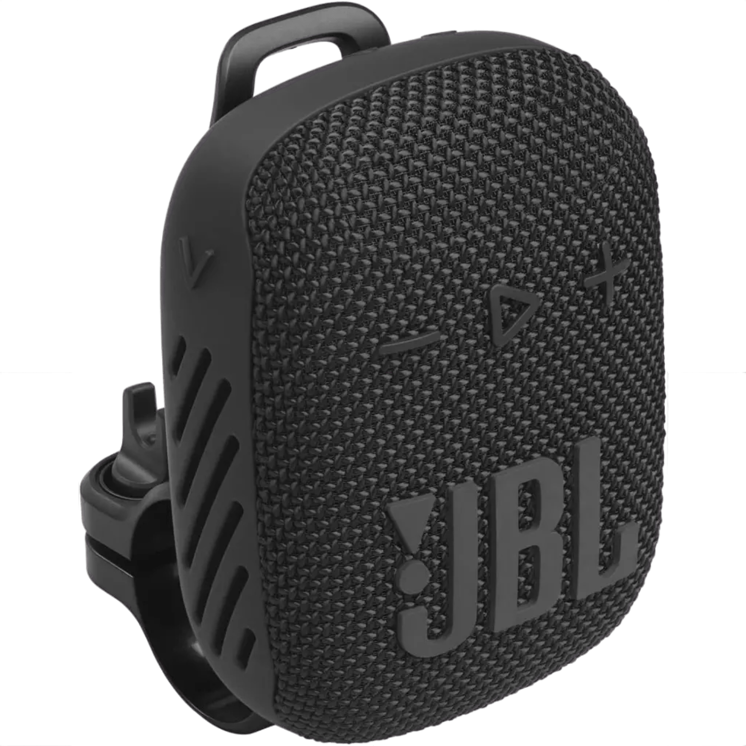 Schwarzer JBL-Lautsprecher mit Clip. Der Lautsprecher hat eine Mesh-Front, Bedienelemente und einen Clip.