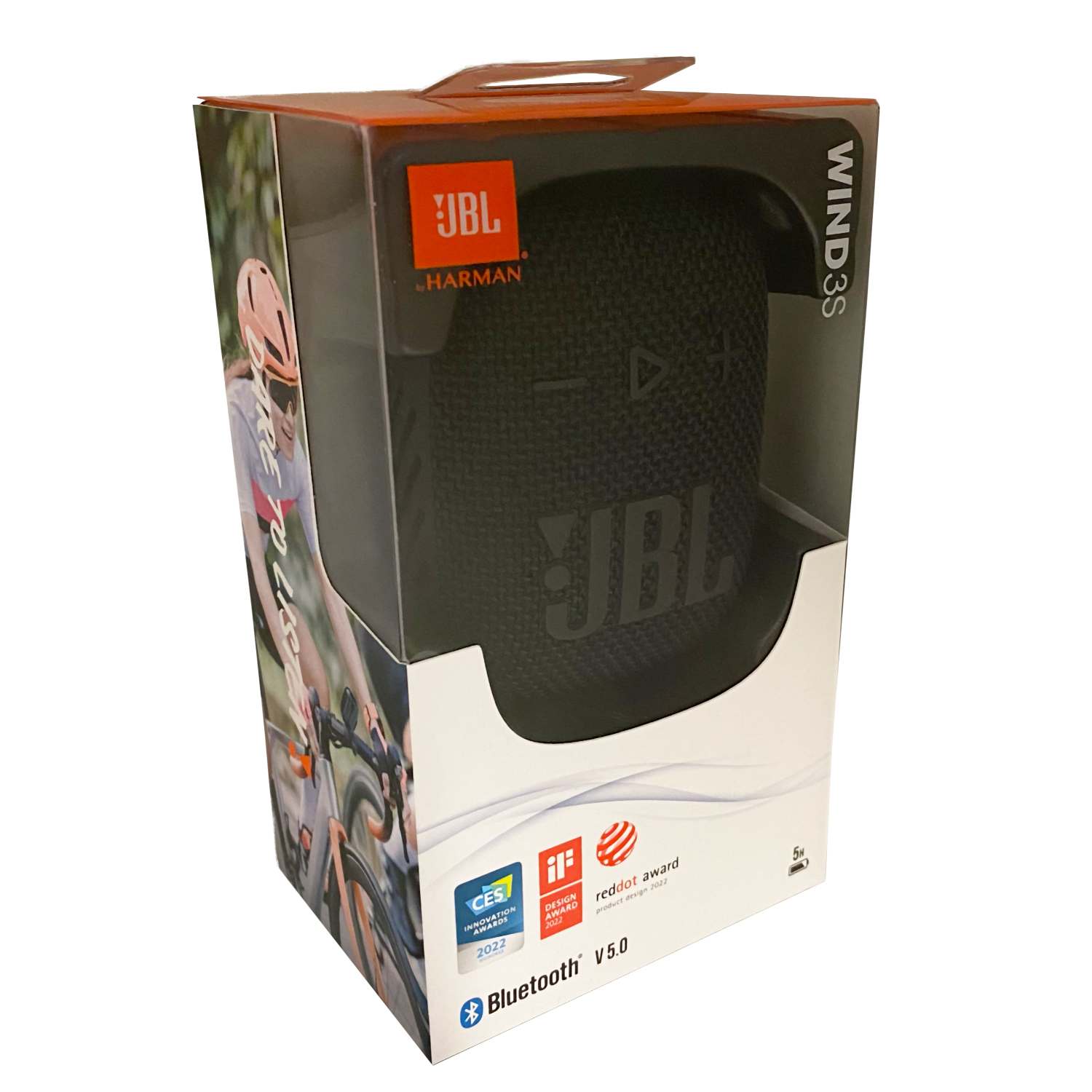 JBL Wind 3S-Lautsprecherbox. Schwarzer Lautsprecher innen. Box hat Text, Bild eines Bikers.