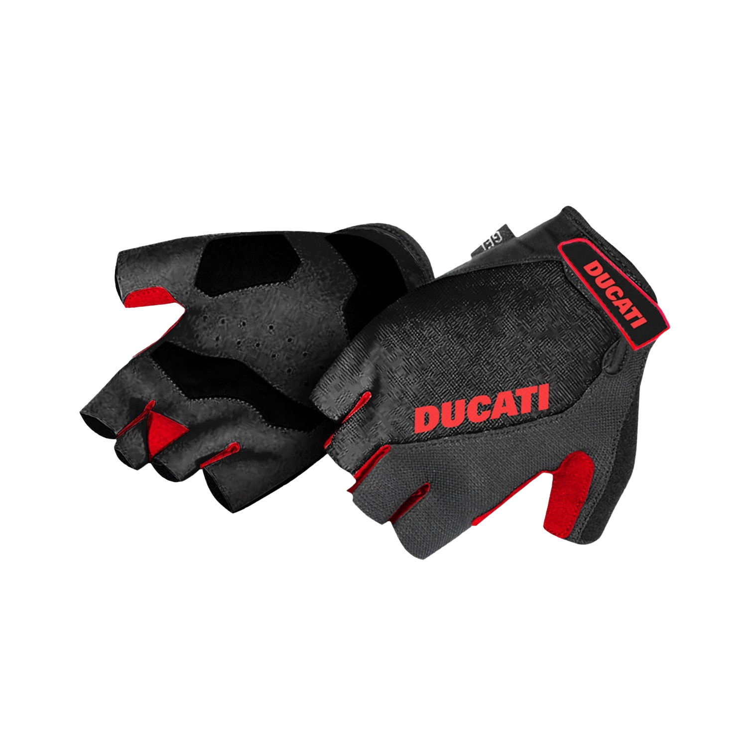 Paio di guanti da moto Ducati neri con dettagli rossi, su sfondo nero.