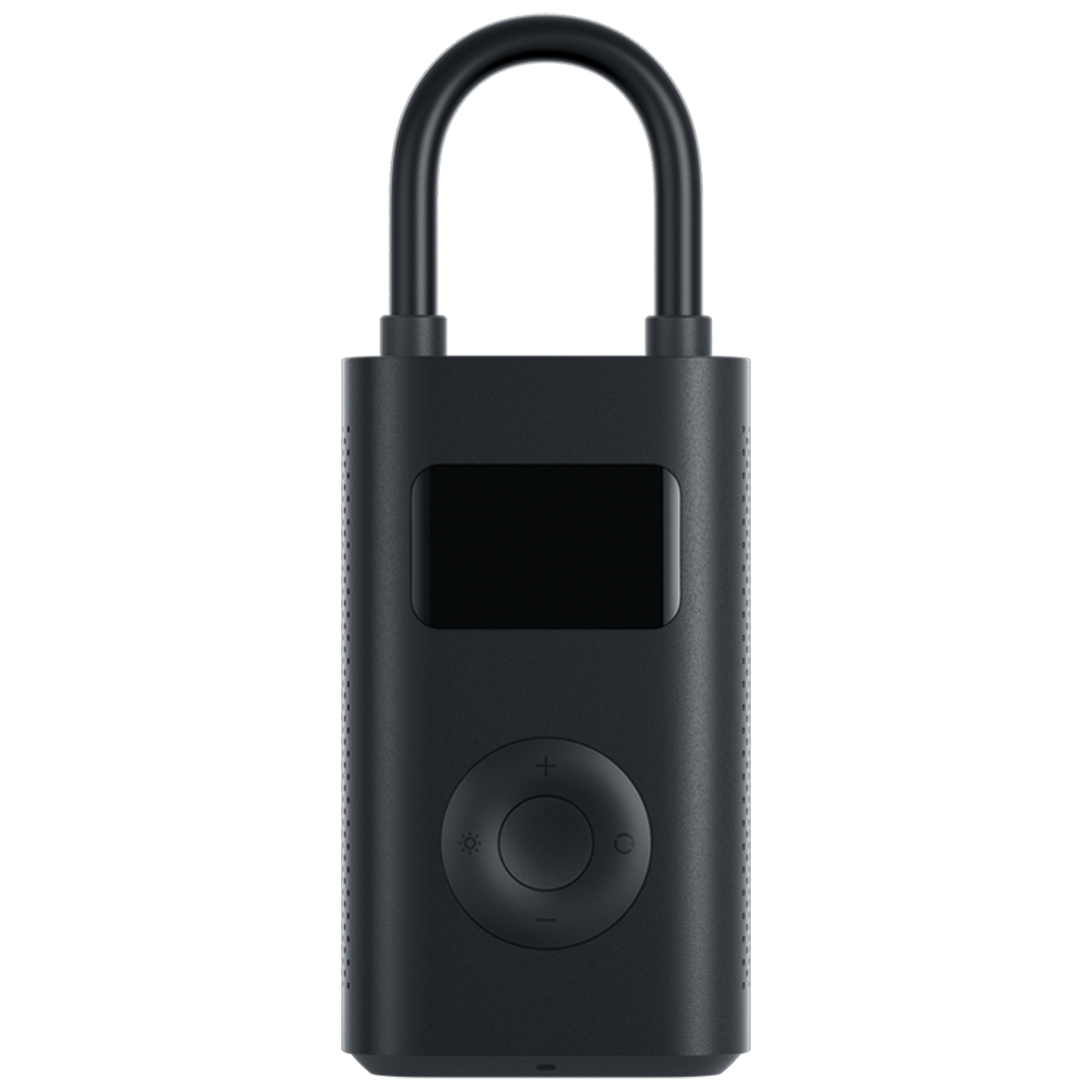 Zwarte luchtpomp met knoppen en een scherm. Donkere achtergrond.